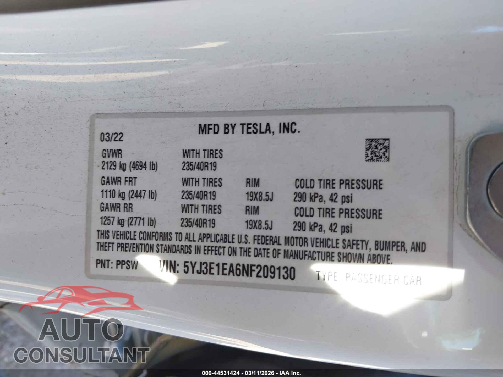TESLA MODEL 3 2022 - 5YJ3E1EA6NF209130
