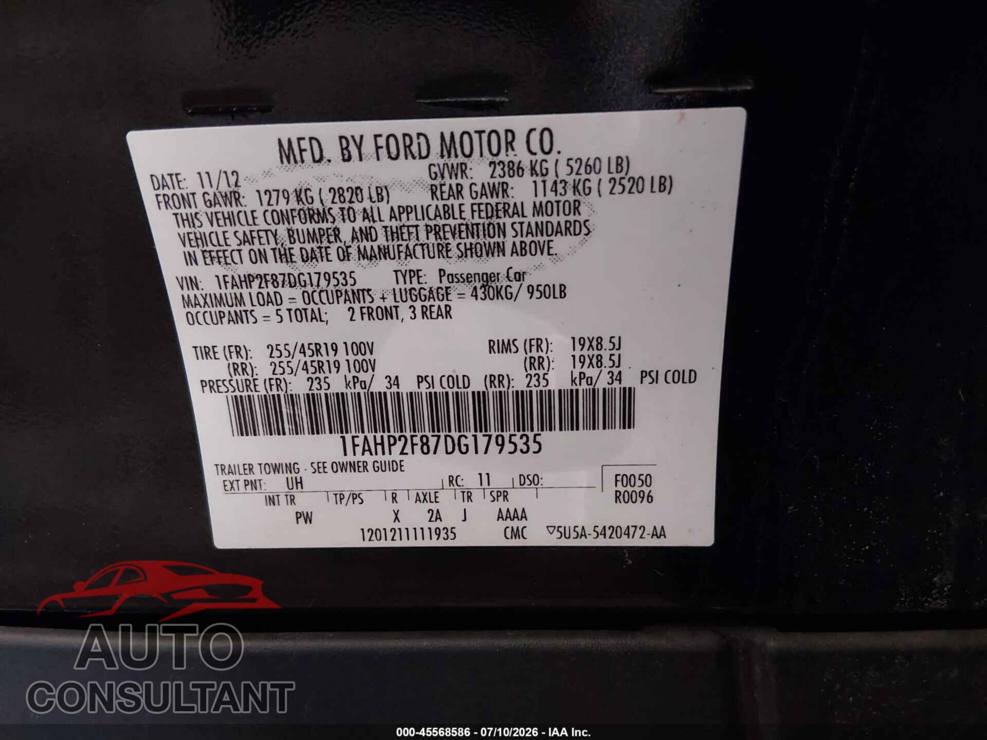 FORD TAURUS 2013 - 1FAHP2F87DG179535