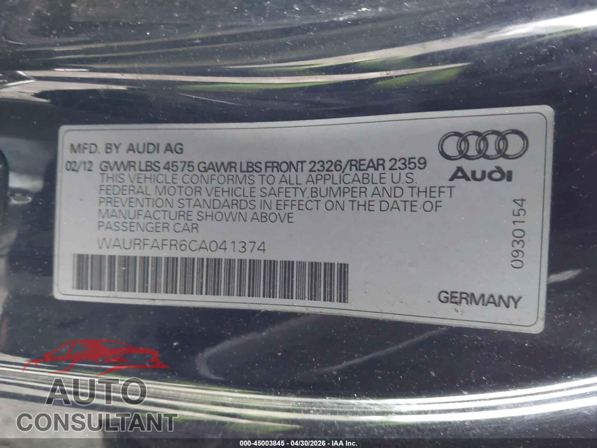 AUDI A5 2012 - WAURFAFR6CA041374
