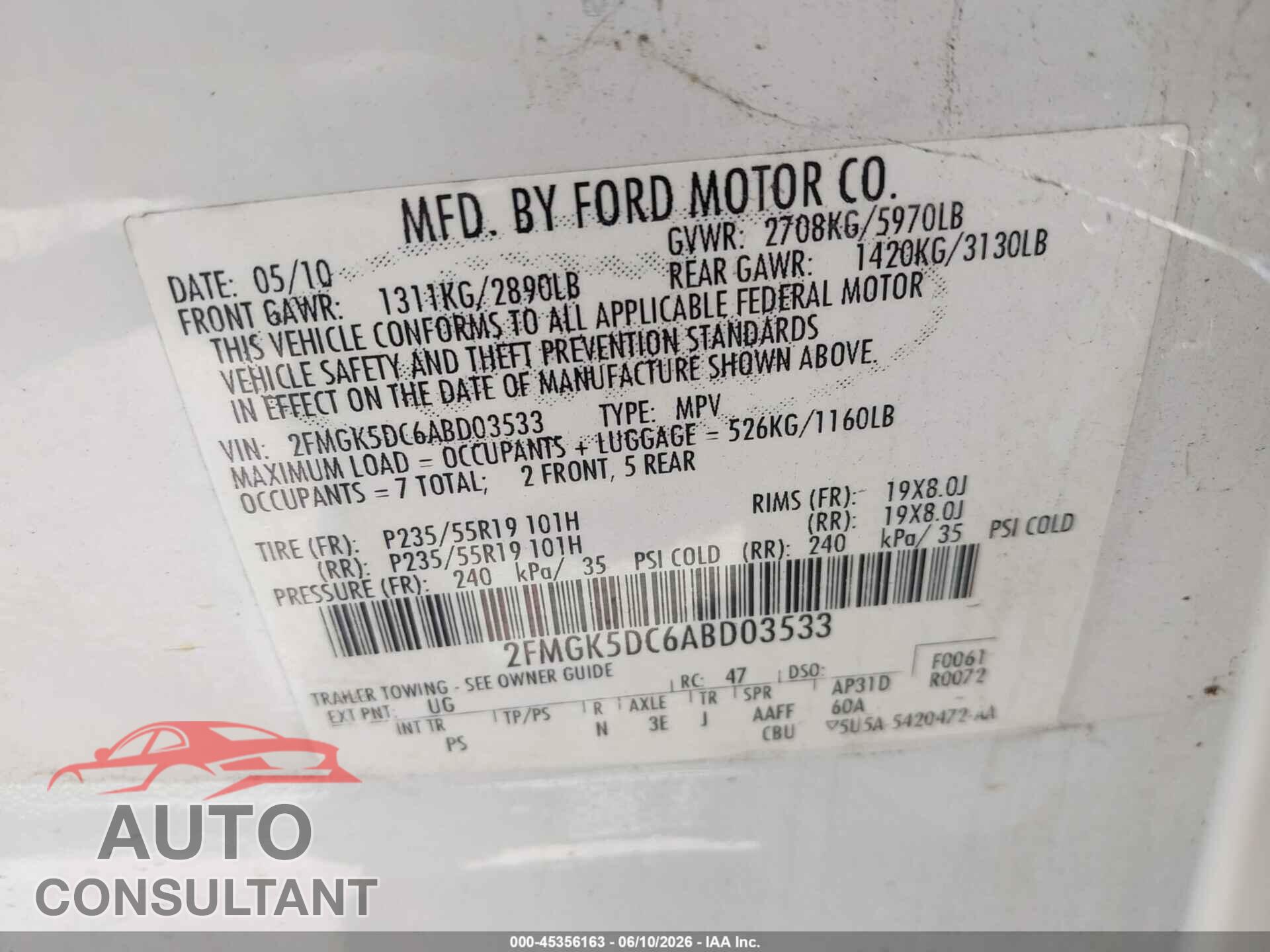 FORD FLEX 2010 - 2FMGK5DC6ABD03533