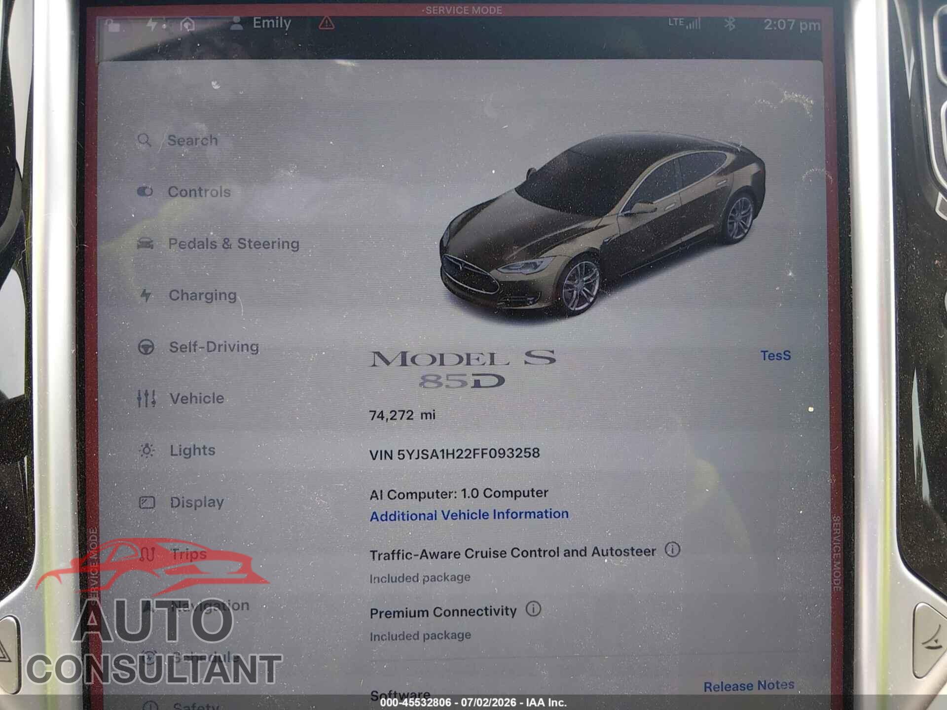 TESLA MODEL S 2015 - 5YJSA1H22FF093258