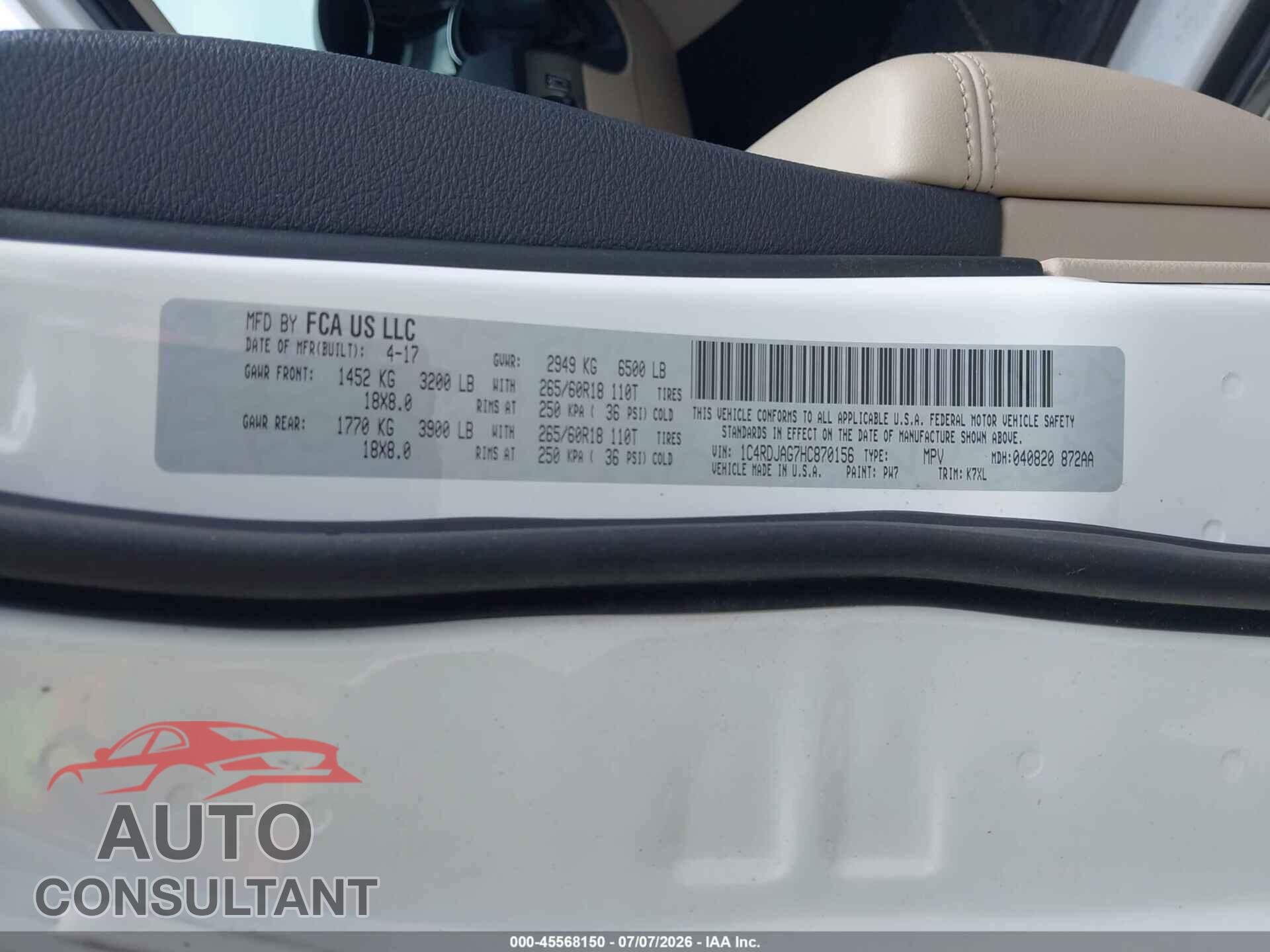 DODGE DURANGO 2017 - 1C4RDJAG7HC870156