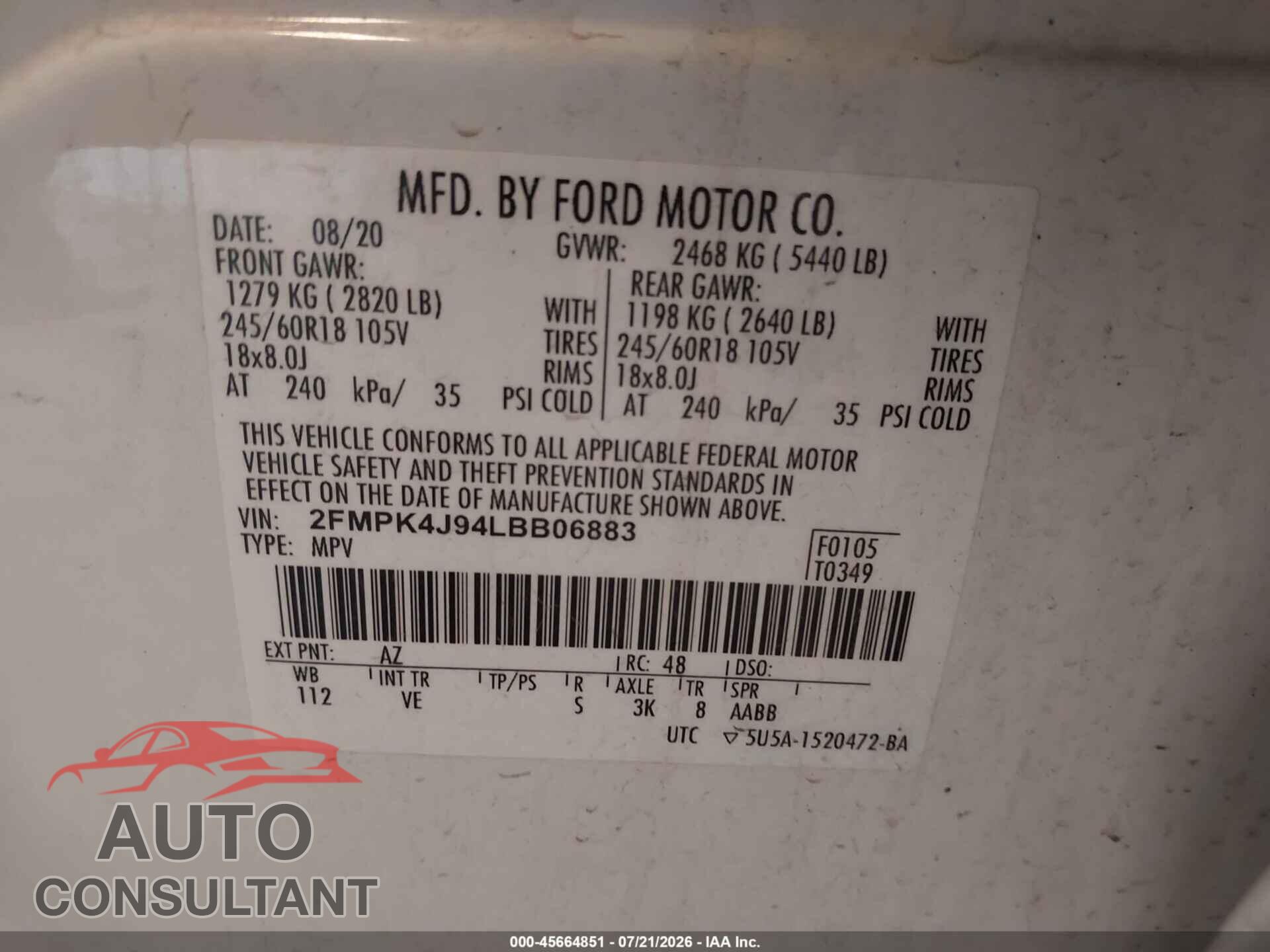 FORD EDGE 2020 - 2FMPK4J94LBB06883
