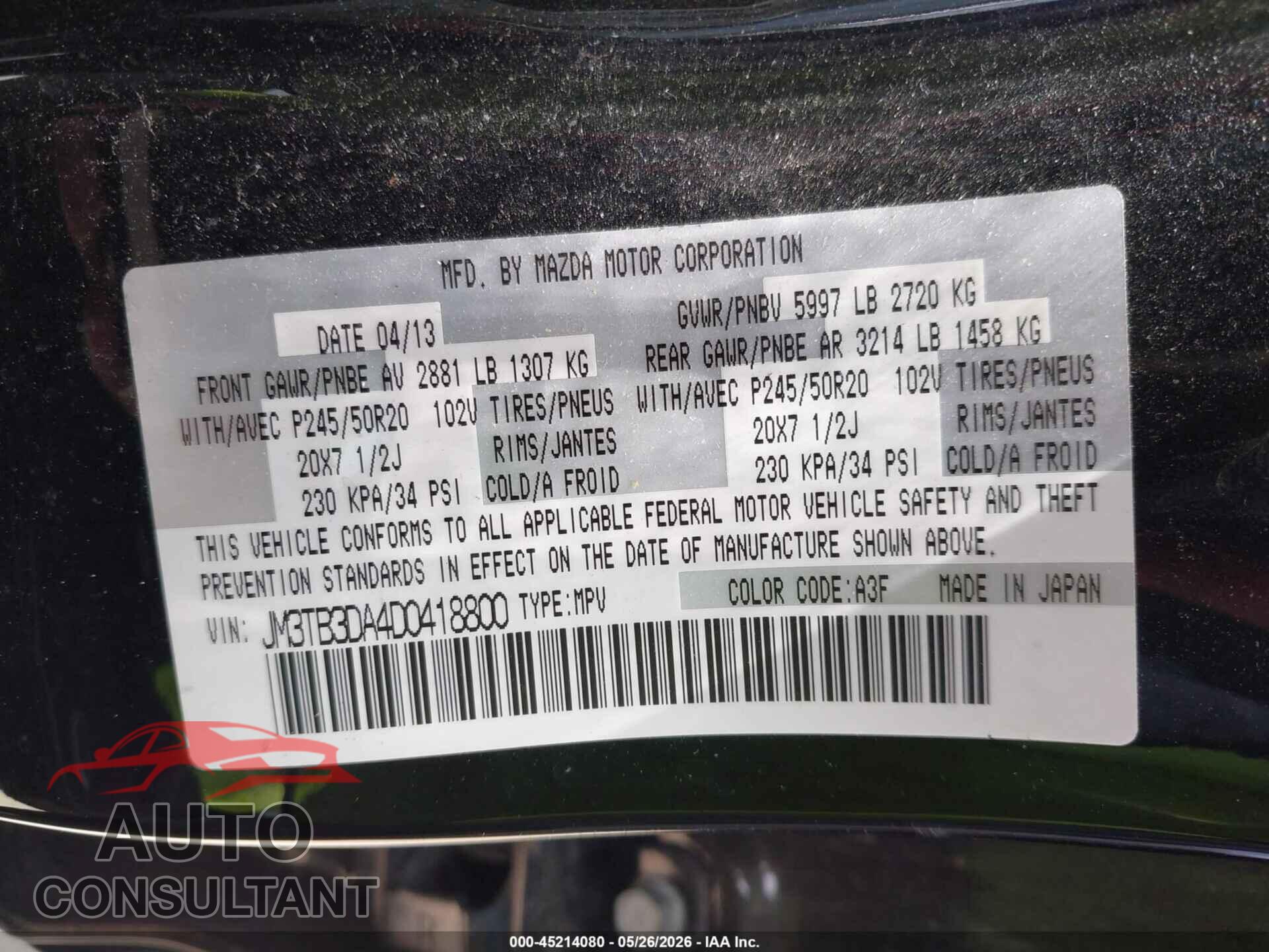MAZDA CX-9 2013 - JM3TB3DA4D0418800