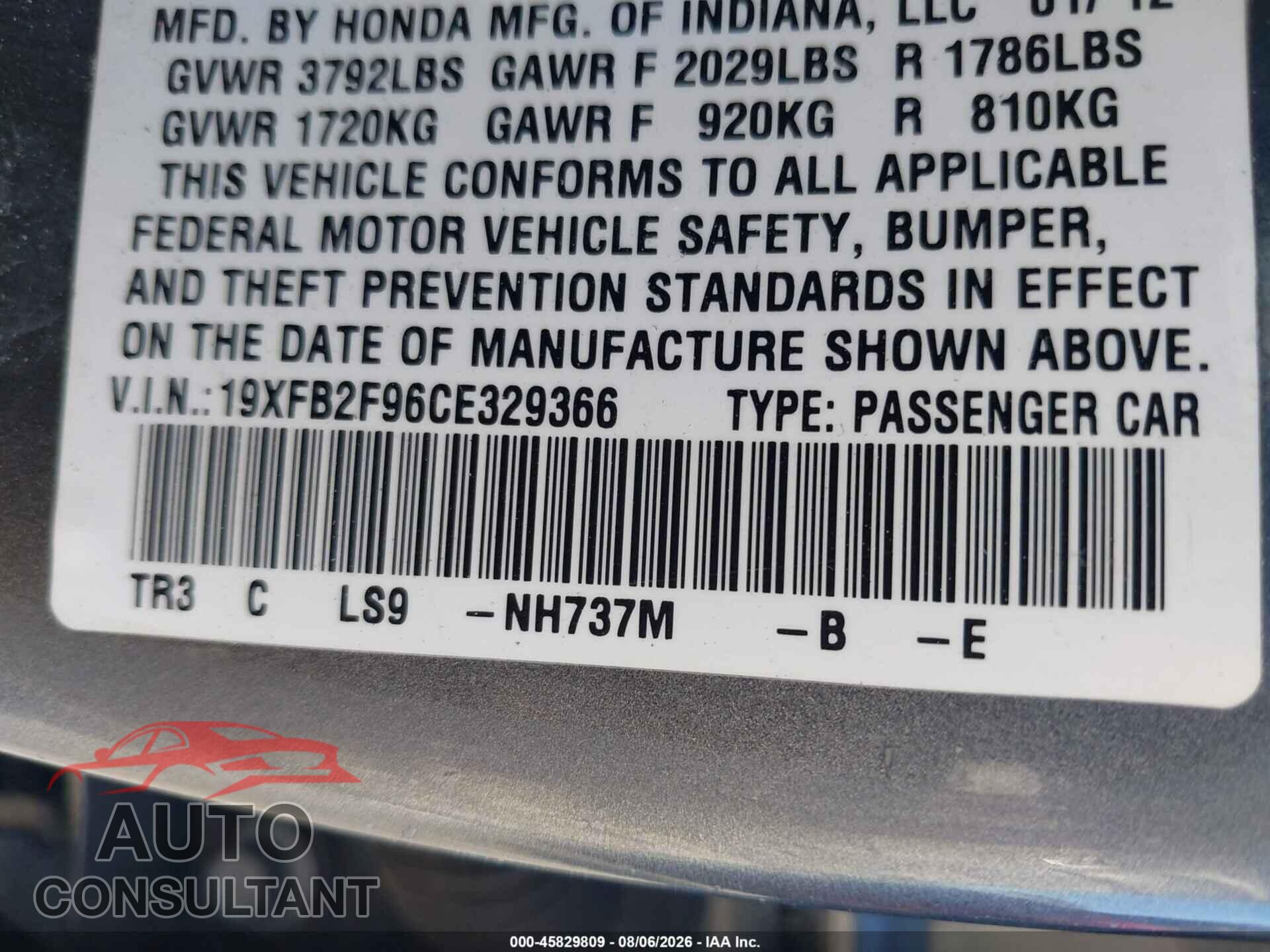HONDA CIVIC 2012 - 19XFB2F96CE329366