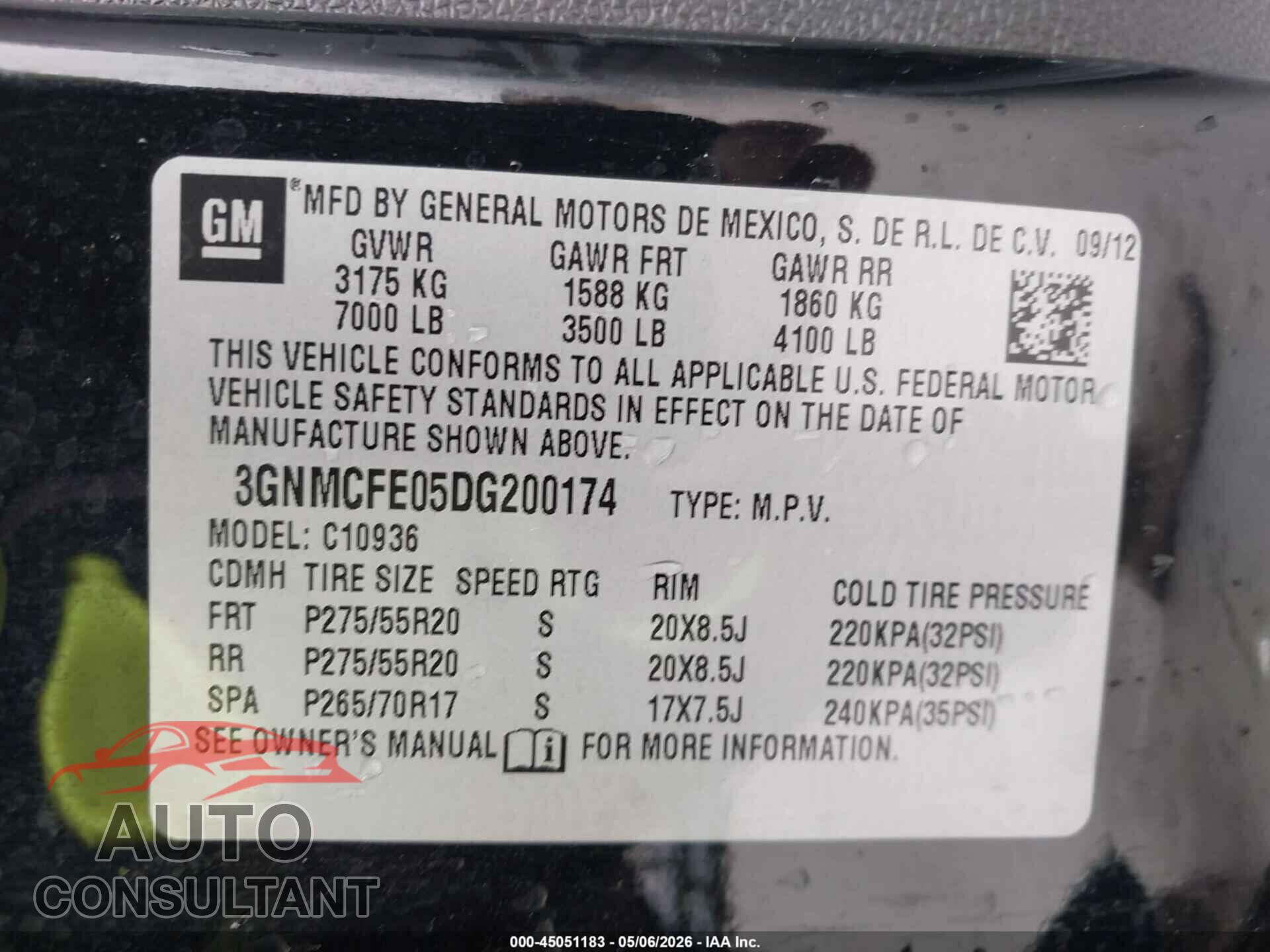 CHEVROLET AVALANCHE 2013 - 3GNMCFE05DG200174