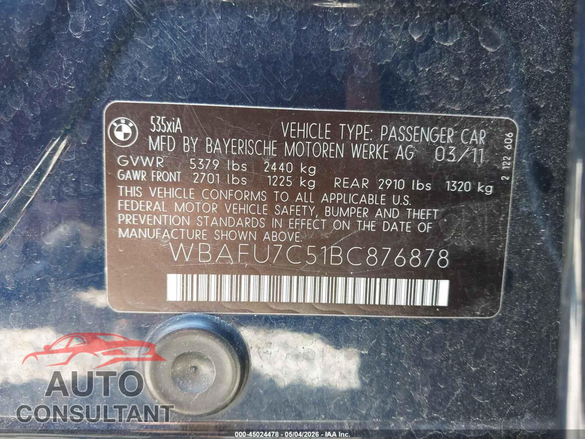 BMW 535I 2011 - WBAFU7C51BC876878
