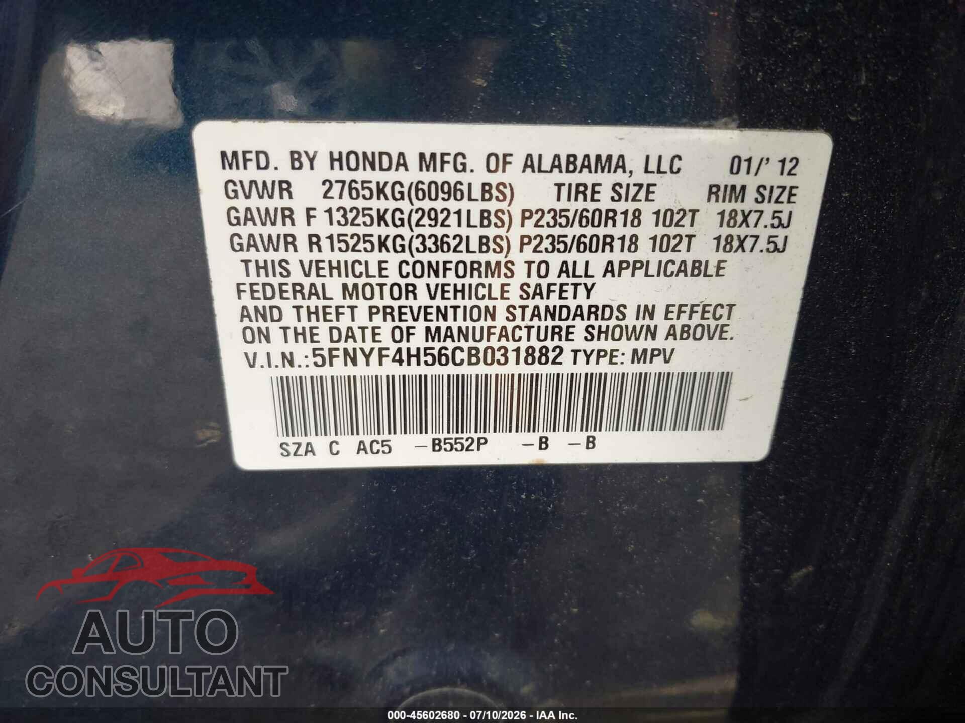 HONDA PILOT 2012 - 5FNYF4H56CB031882