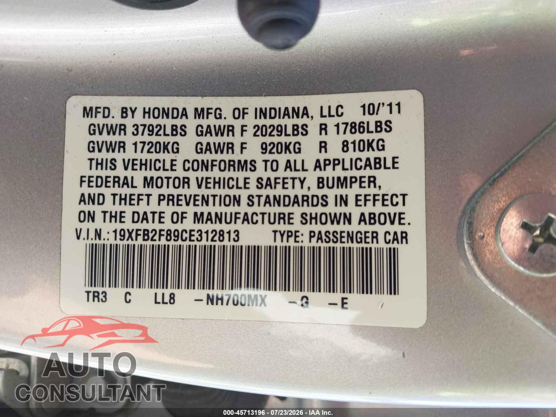 HONDA CIVIC 2012 - 19XFB2F89CE312813