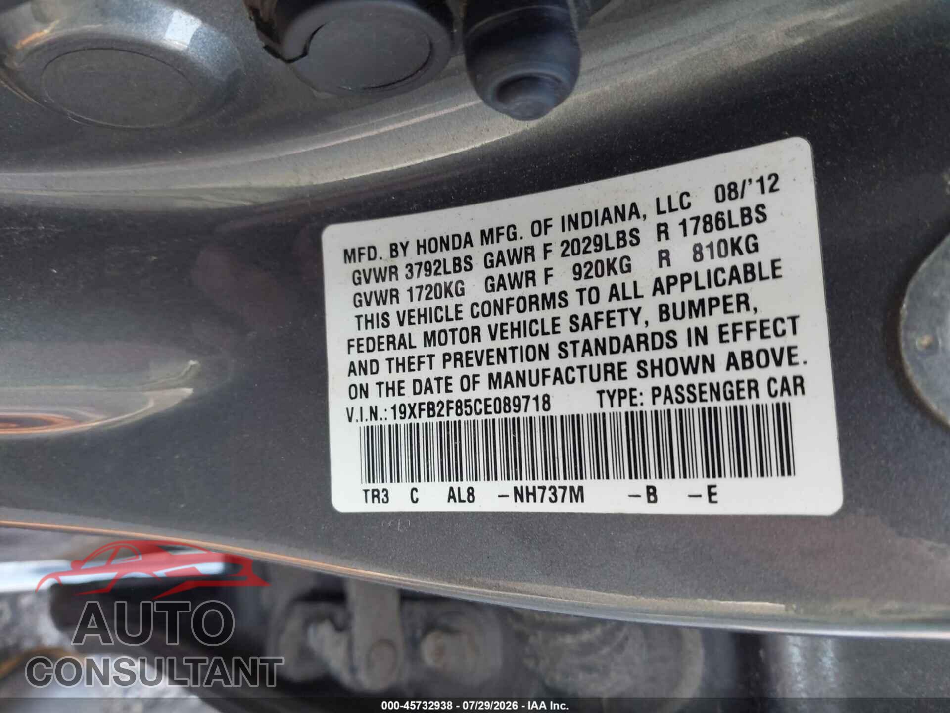 HONDA CIVIC 2012 - 19XFB2F85CE089718