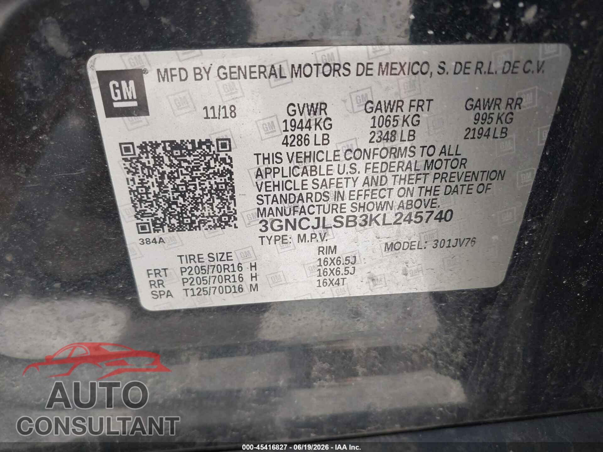 CHEVROLET TRAX 2019 - 3GNCJLSB3KL245740