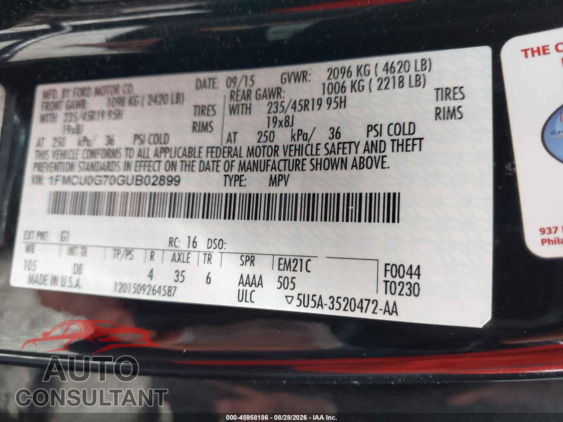FORD ESCAPE 2016 - 1FMCU0G70GUB02899