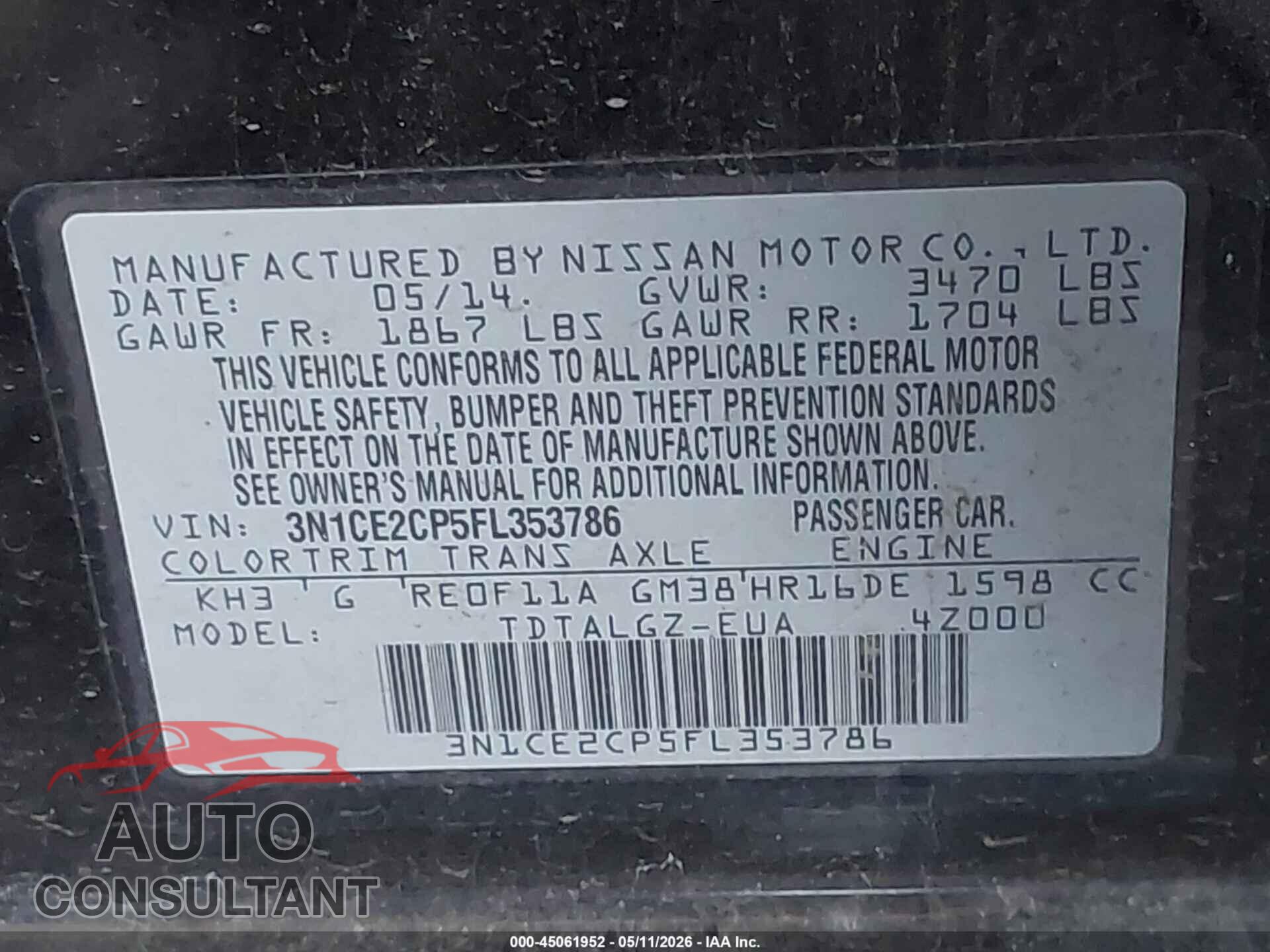 NISSAN VERSA NOTE 2015 - 3N1CE2CP5FL353786