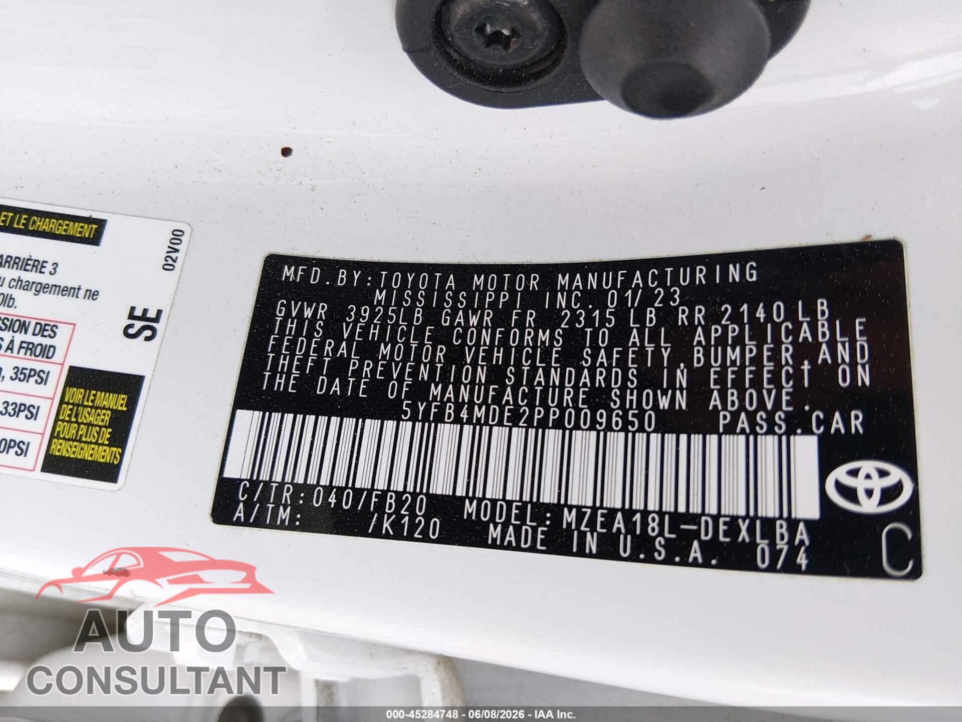 TOYOTA COROLLA 2023 - 5YFB4MDE2PP009650