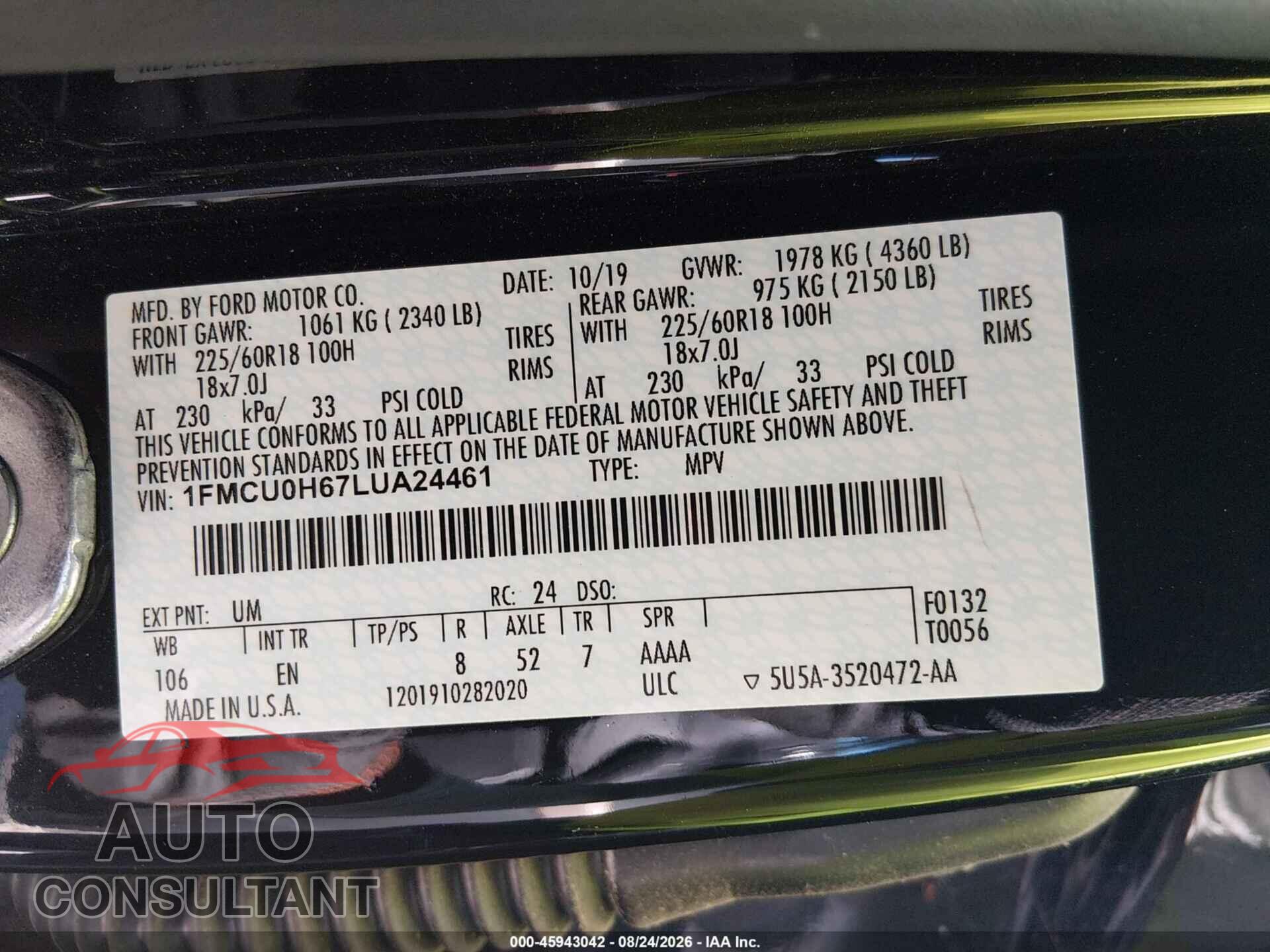 FORD ESCAPE 2020 - 1FMCU0H67LUA24461