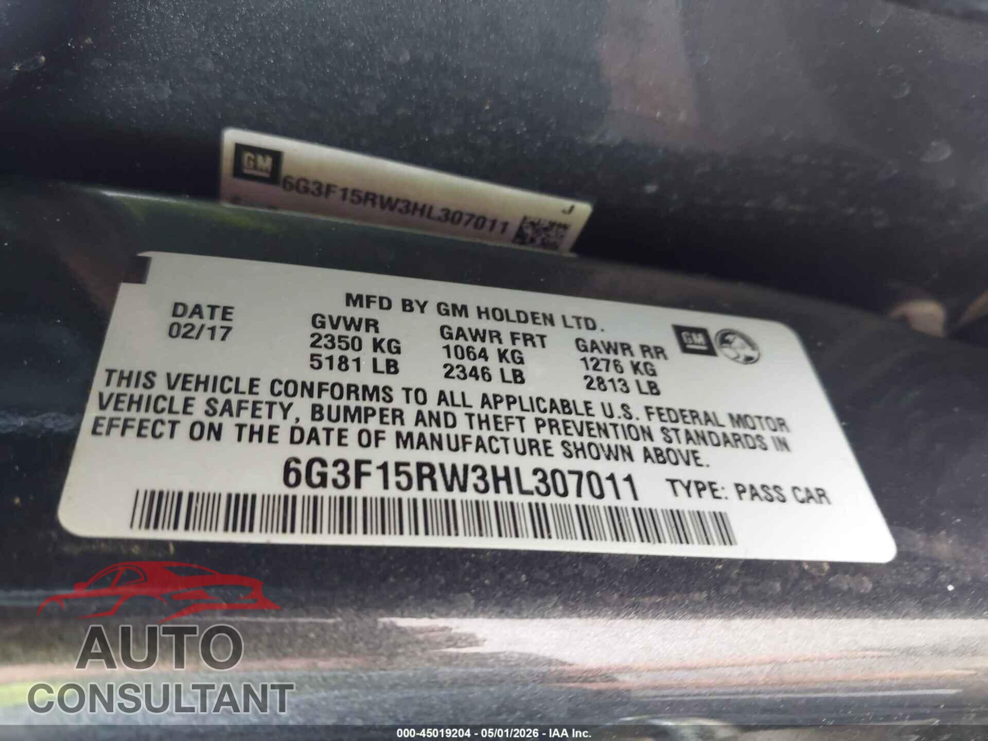 CHEVROLET SS 2017 - 6G3F15RW3HL307011