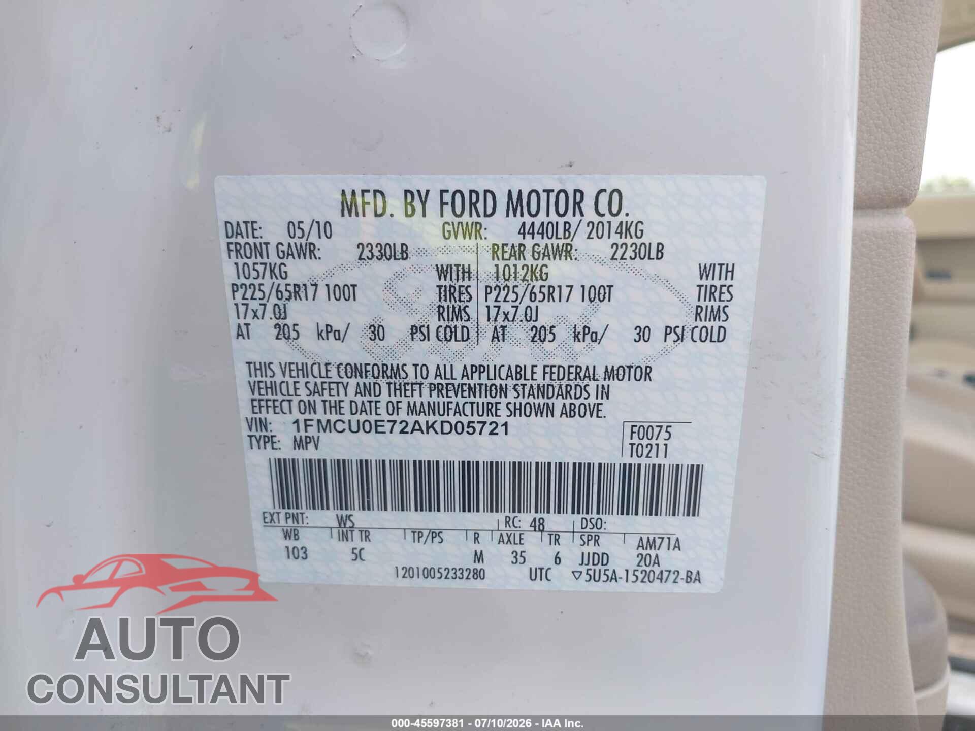FORD ESCAPE 2010 - 1FMCU0E72AKD05721