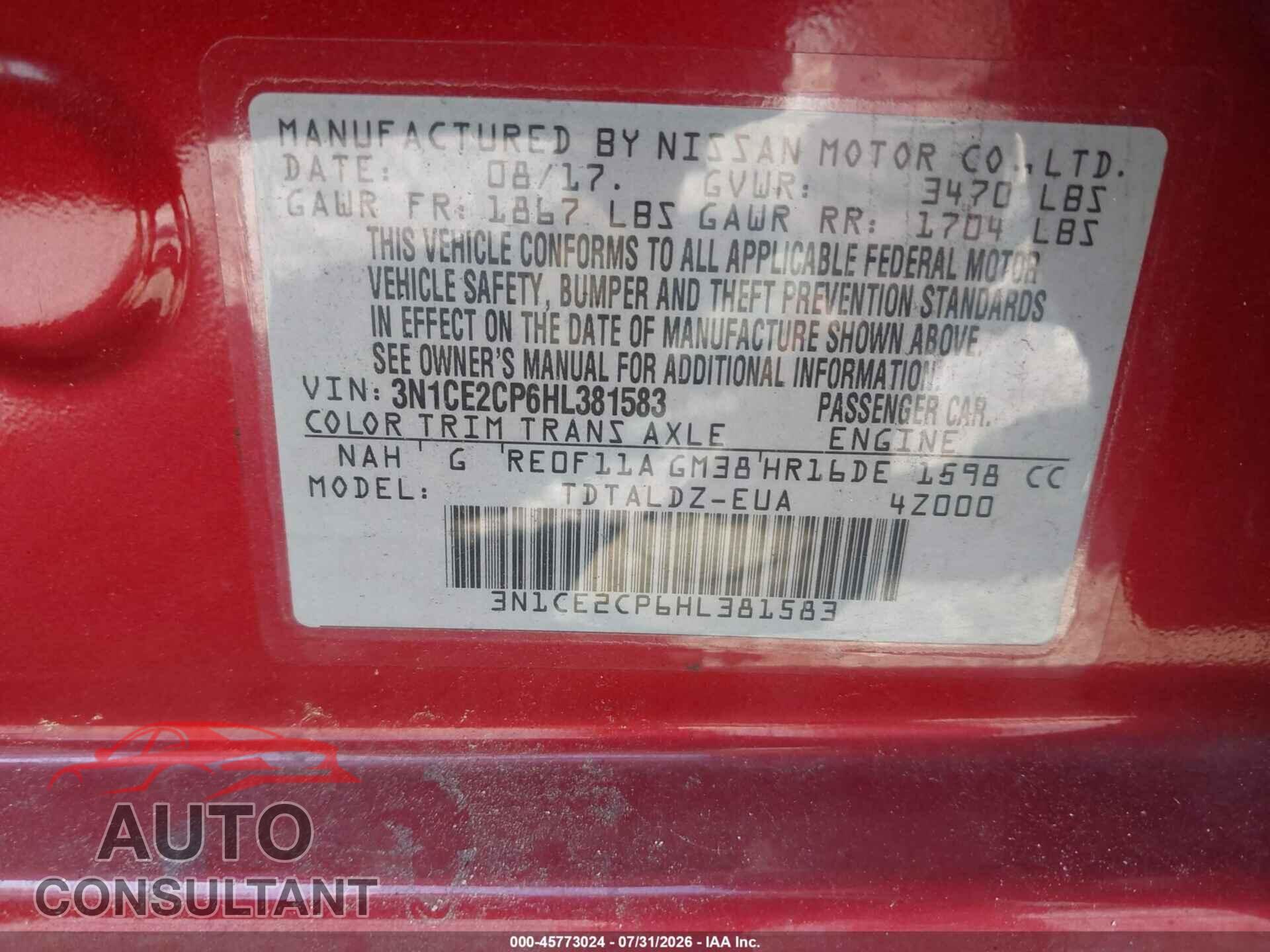 NISSAN VERSA NOTE 2017 - 3N1CE2CP6HL381583
