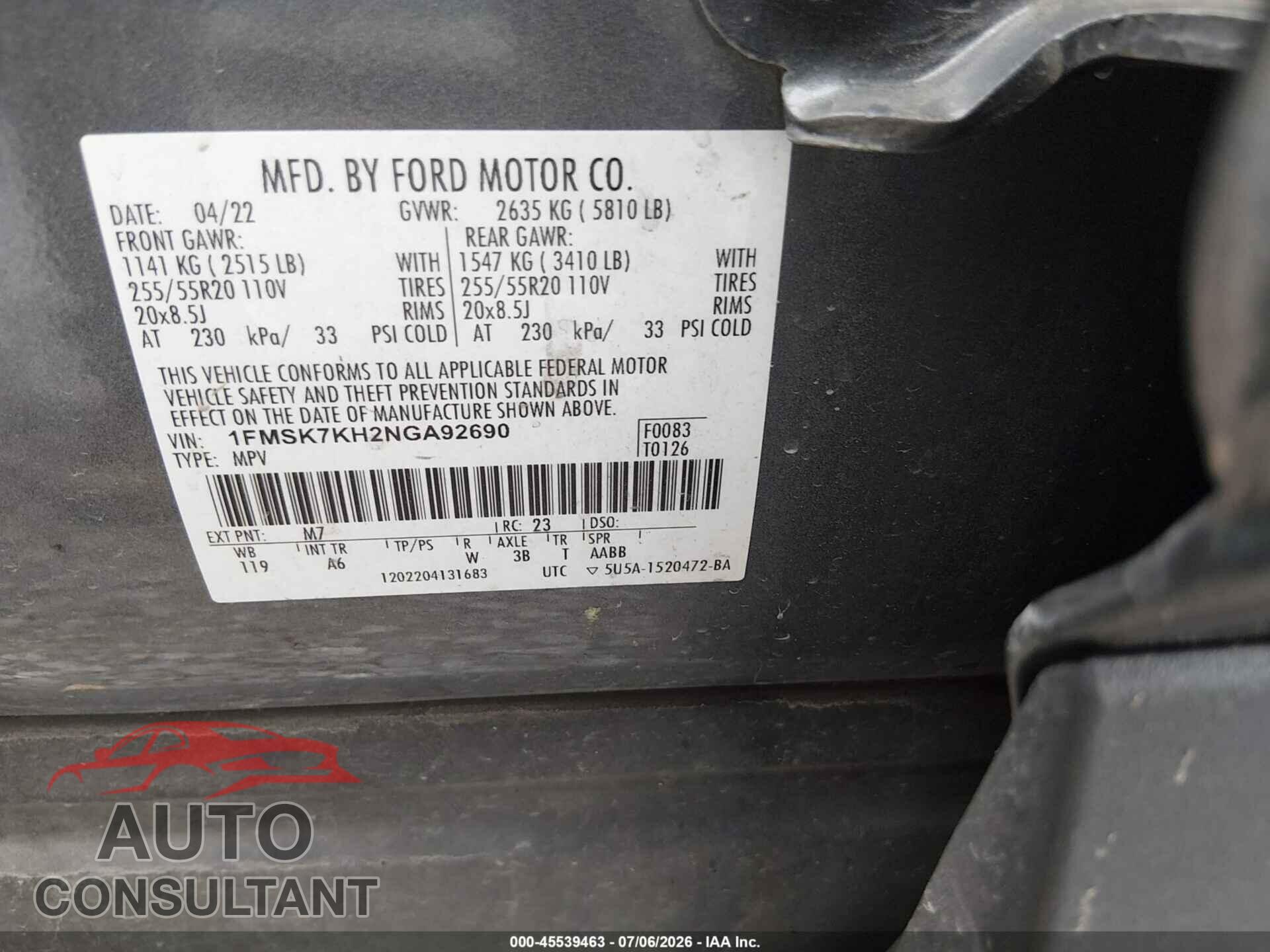FORD EXPLORER 2022 - 1FMSK7KH2NGA92690