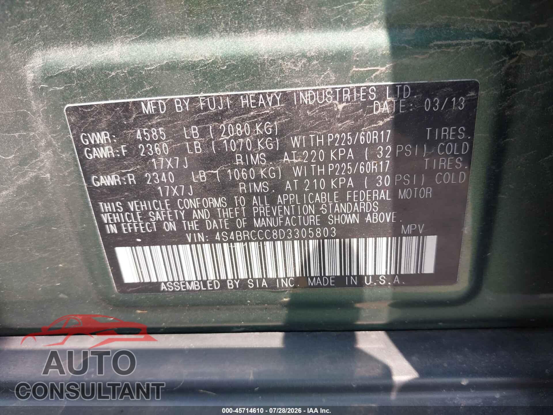 SUBARU OUTBACK 2013 - 4S4BRCCC8D3305803