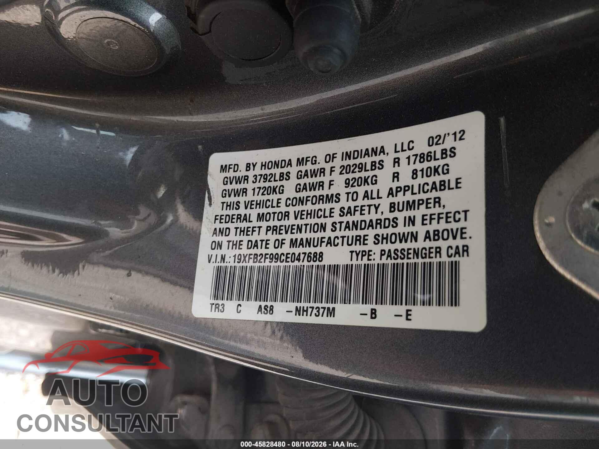 HONDA CIVIC 2012 - 19XFB2F99CE047688