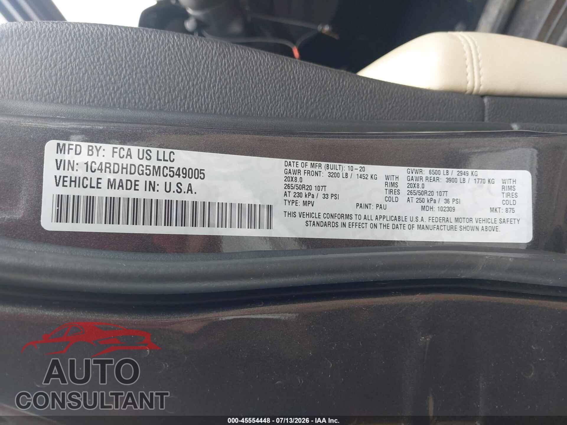 DODGE DURANGO 2021 - 1C4RDHDG5MC549005