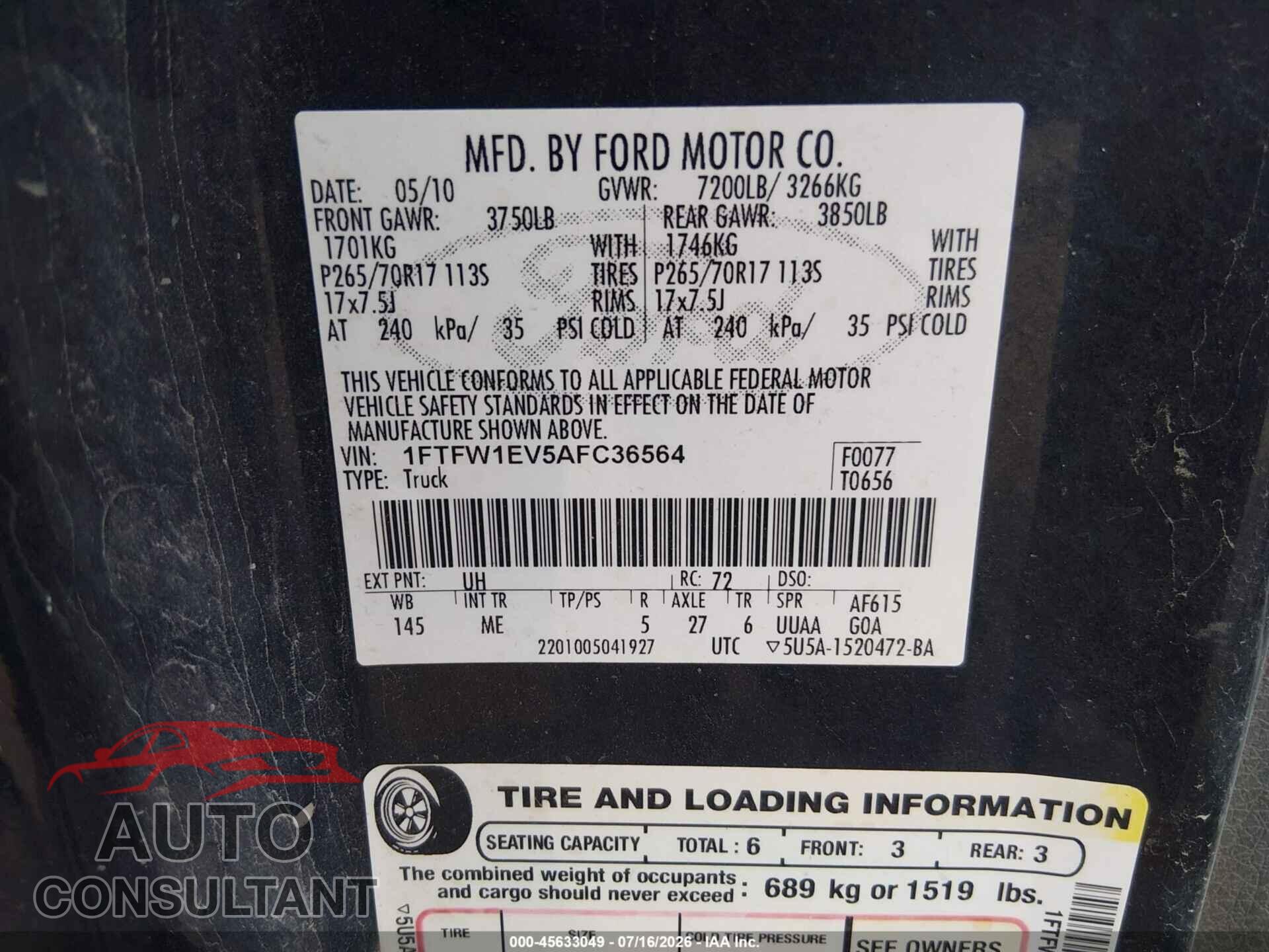 FORD F-150 2010 - 1FTFW1EV5AFC36564