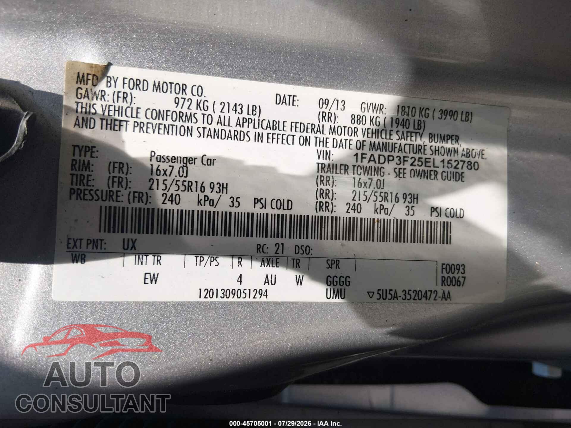 FORD FOCUS 2014 - 1FADP3F25EL152780