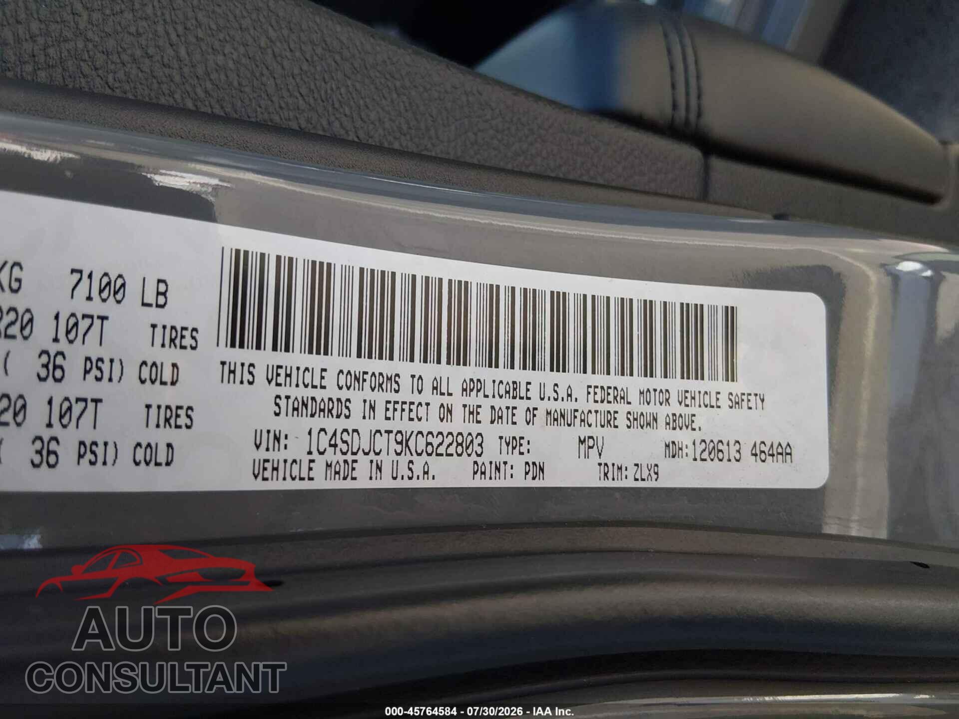 DODGE DURANGO 2019 - 1C4SDJCT9KC622803