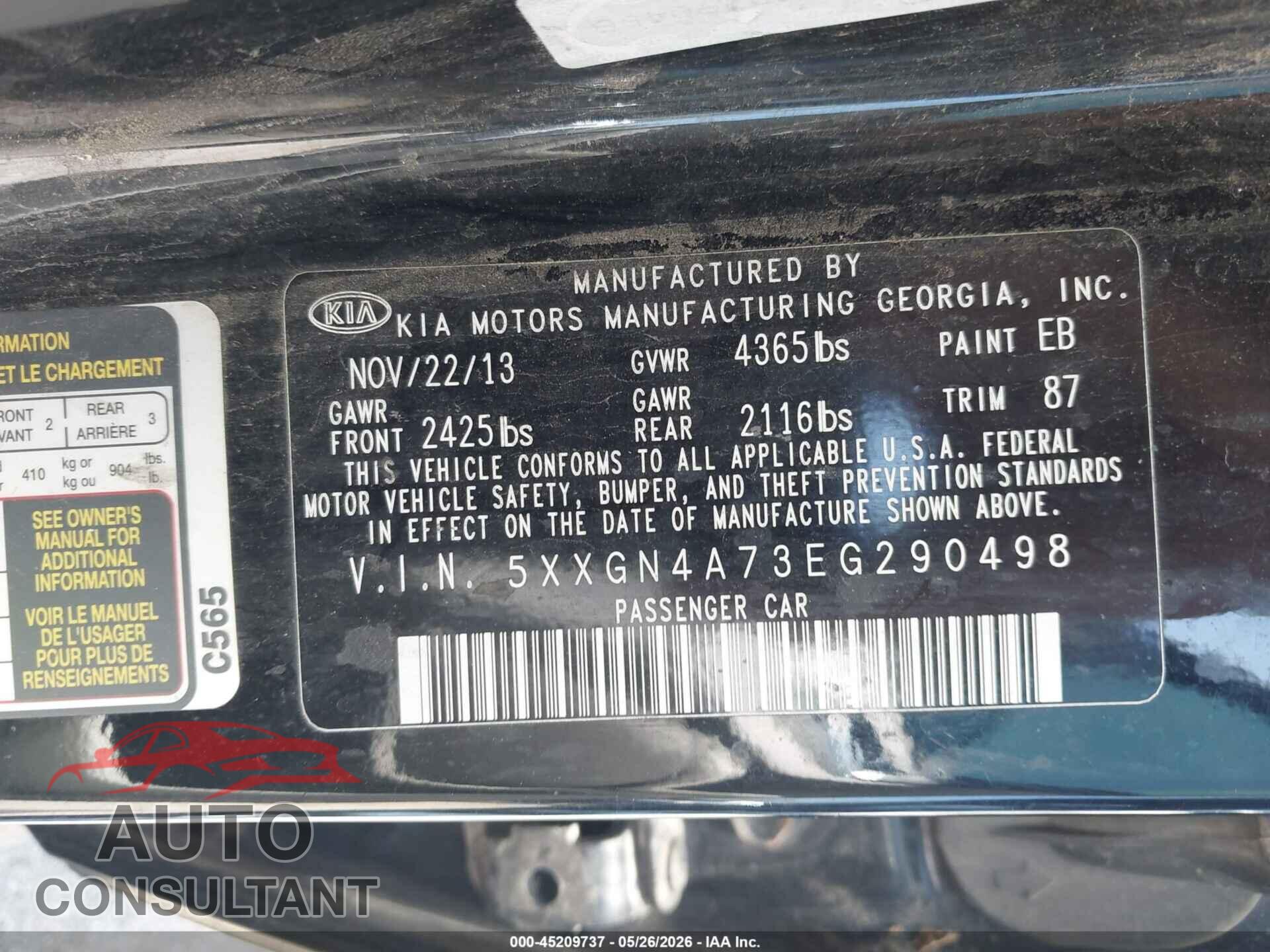 KIA OPTIMA 2014 - 5XXGN4A73EG290498