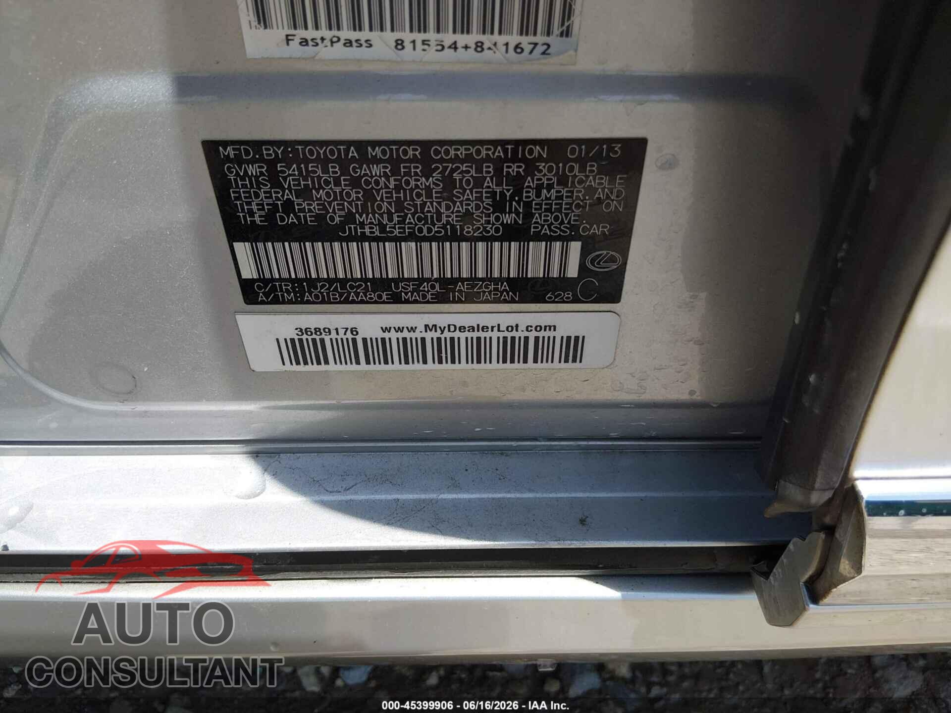 LEXUS LS 460 2013 - JTHBL5EF0D5118230