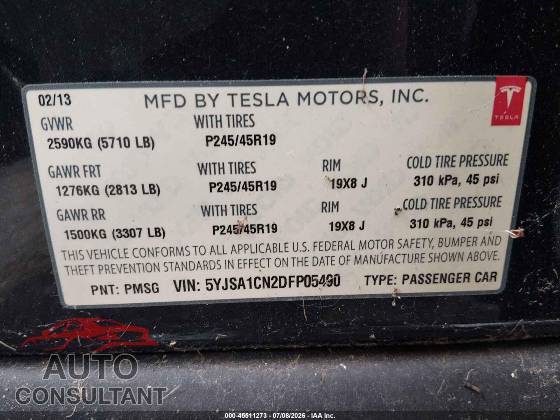 TESLA MODEL S 2013 - 5YJSA1CN2DFP05490