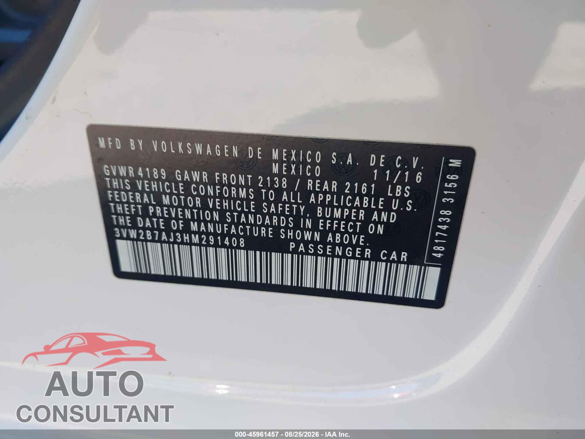 VOLKSWAGEN JETTA 2017 - 3VW2B7AJ3HM291408
