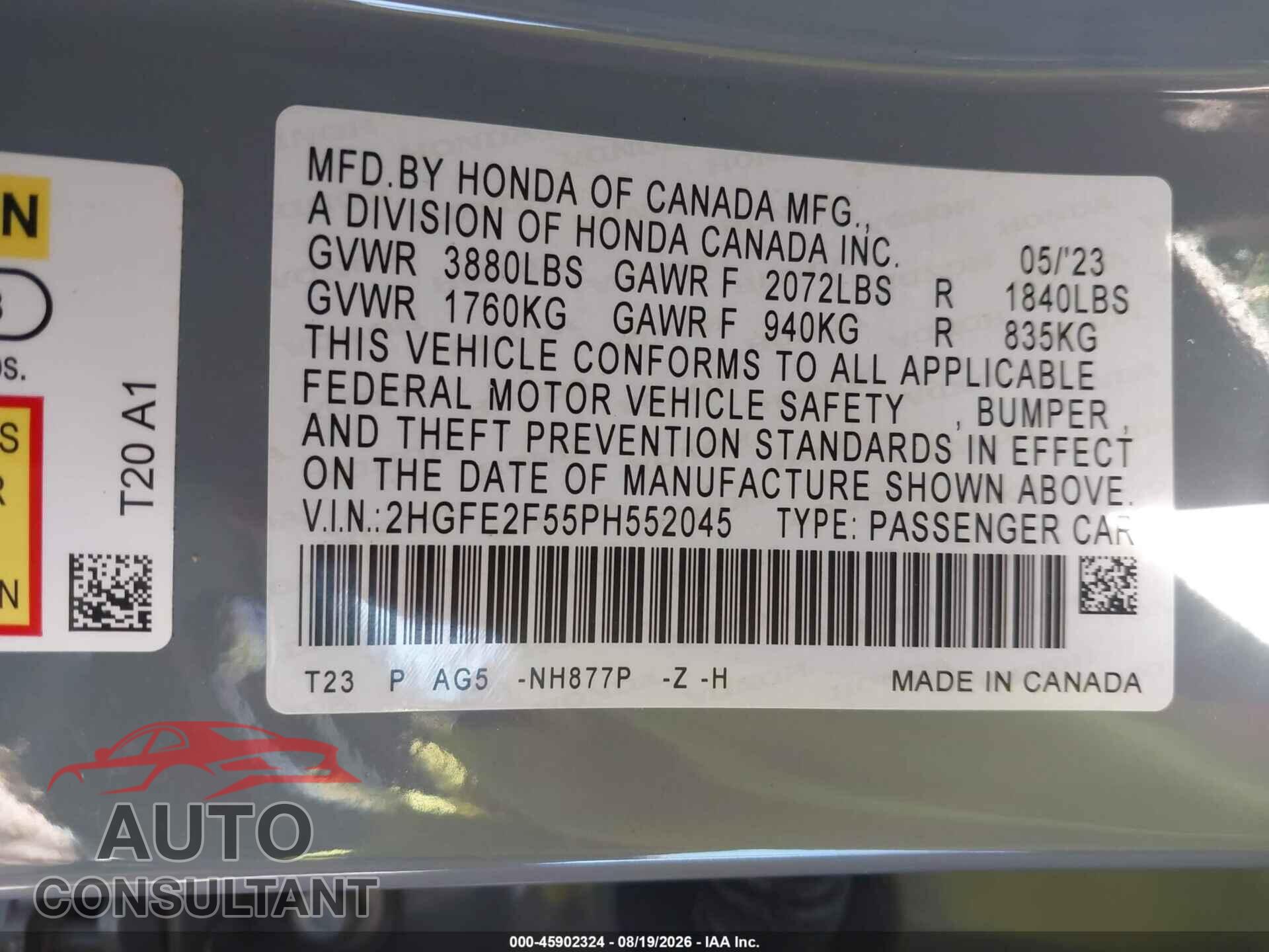 HONDA CIVIC 2023 - 2HGFE2F55PH552045