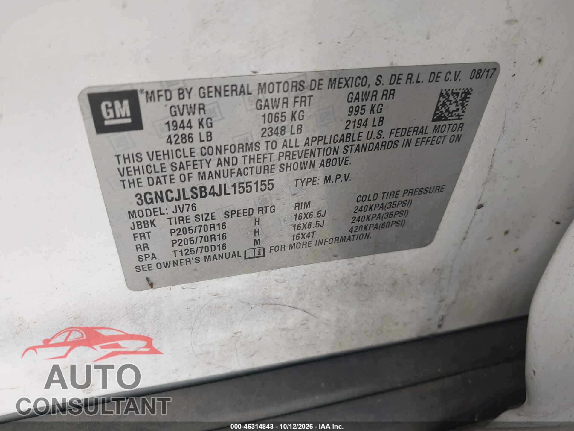 CHEVROLET TRAX 2018 - 3GNCJLSB4JL155155