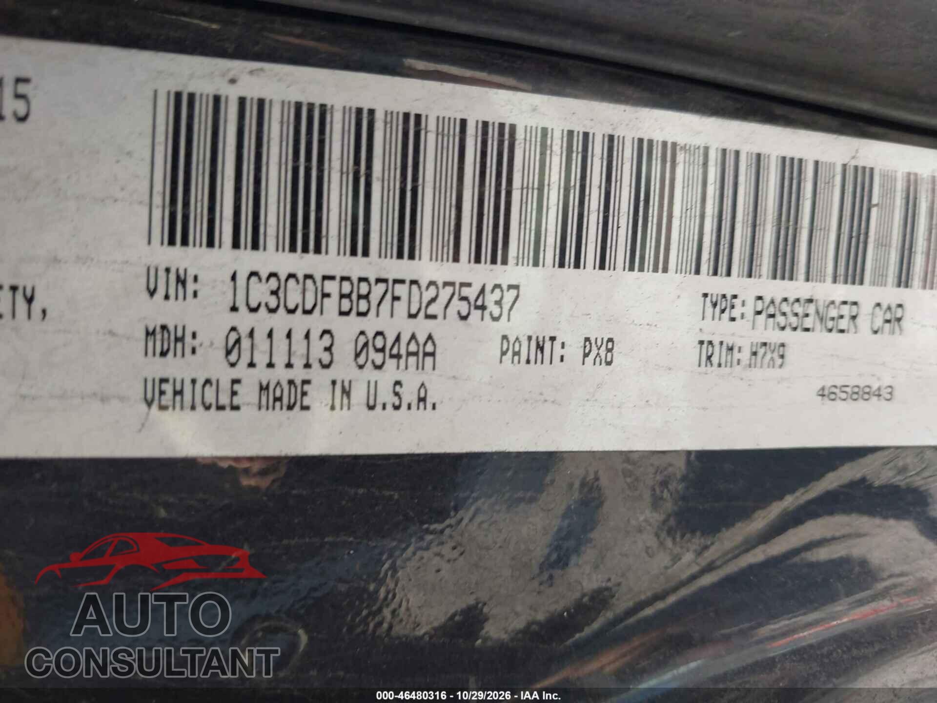 DODGE DART 2015 - 1C3CDFBB7FD275437