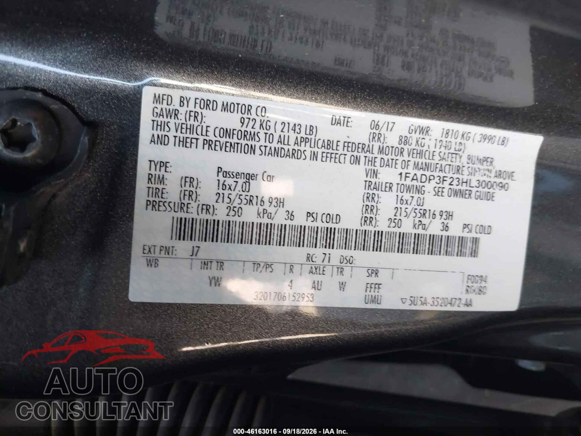 FORD FOCUS 2017 - 1FADP3F23HL300090