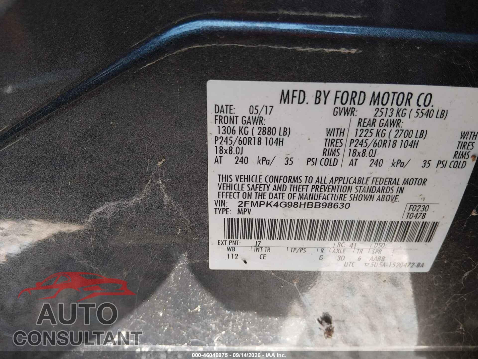 FORD EDGE 2017 - 2FMPK4G98HBB98630