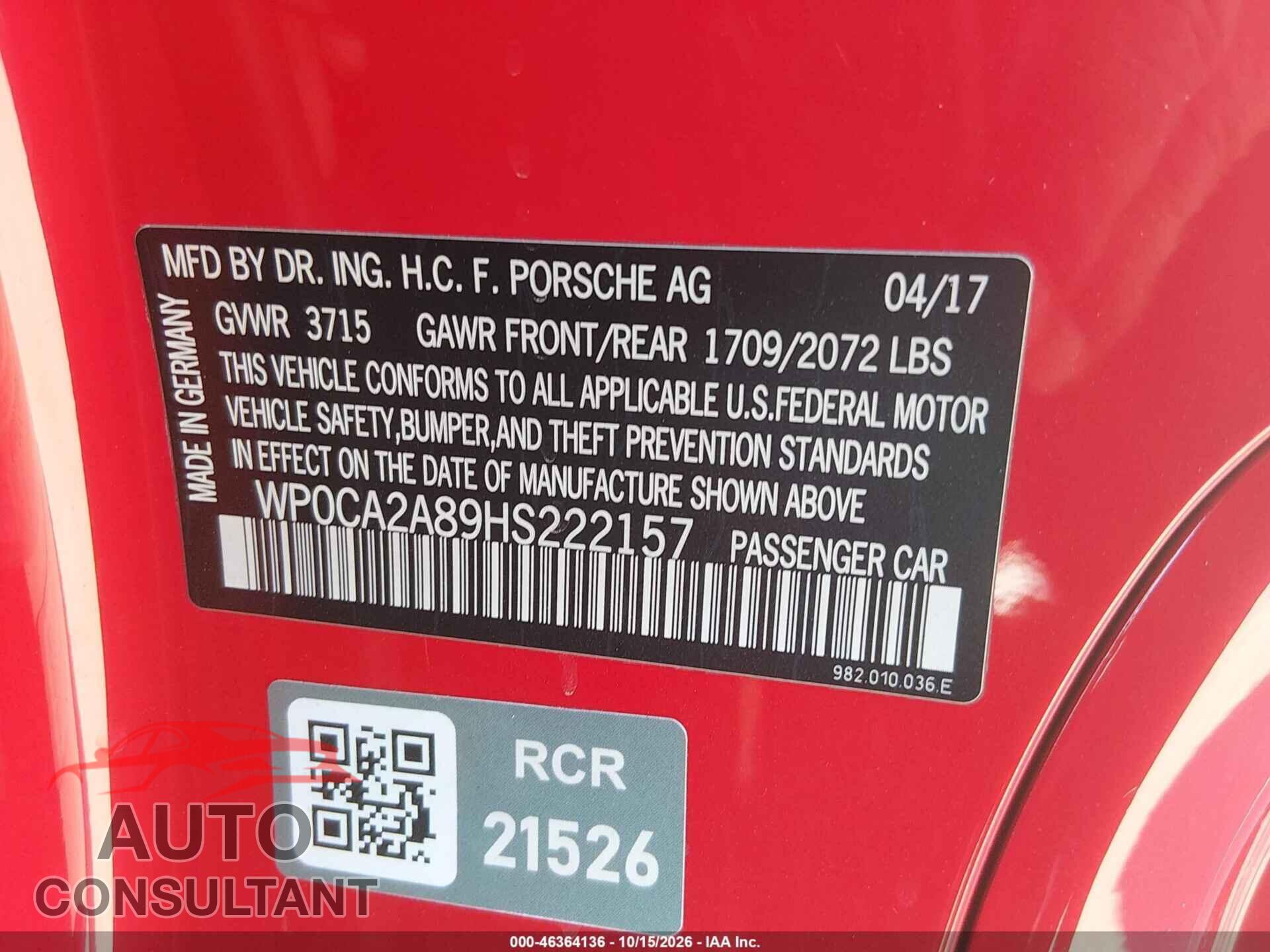 PORSCHE 718 BOXSTER 2017 - WP0CA2A89HS222157
