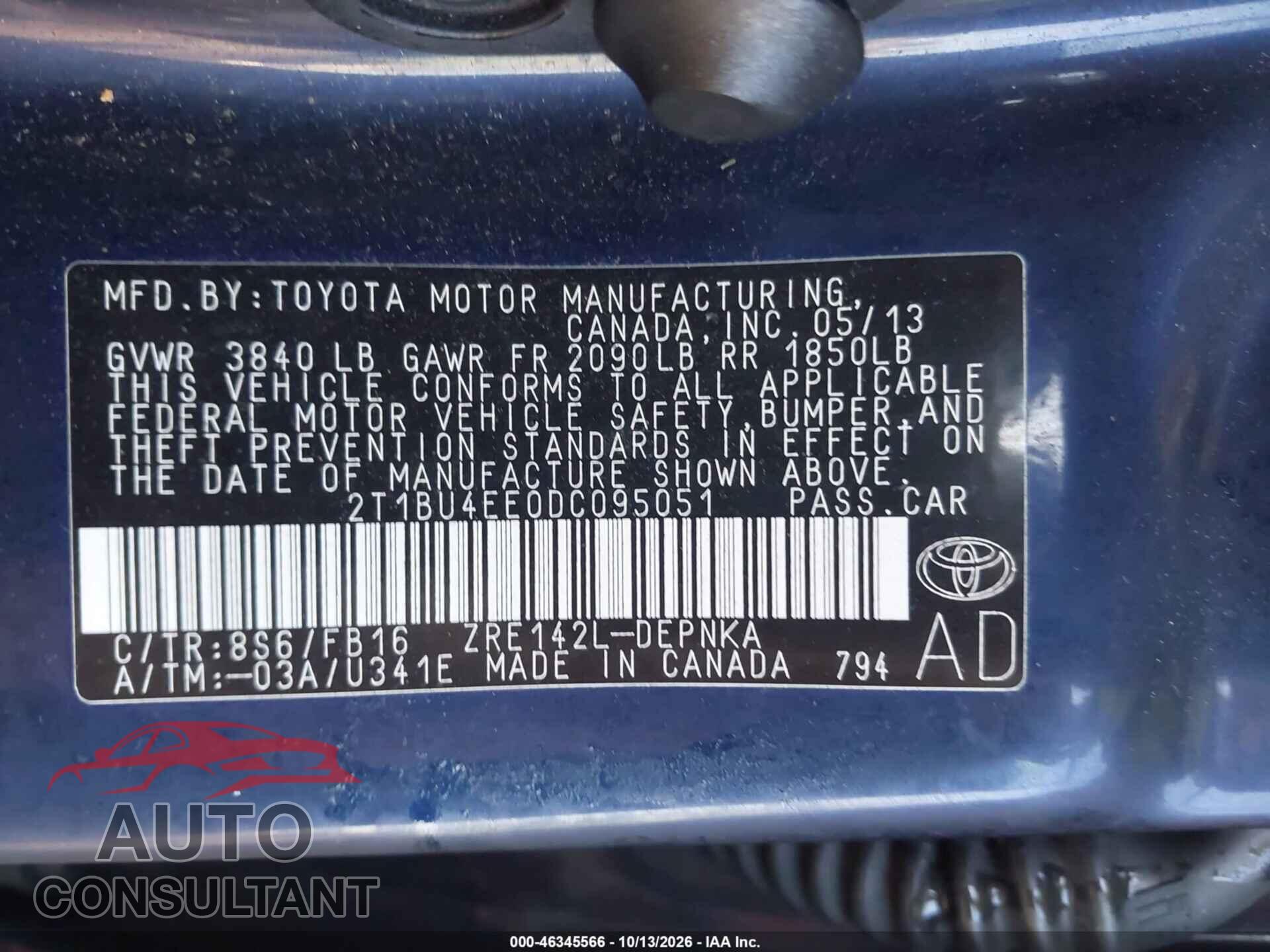 TOYOTA COROLLA 2013 - 2T1BU4EE0DC095051