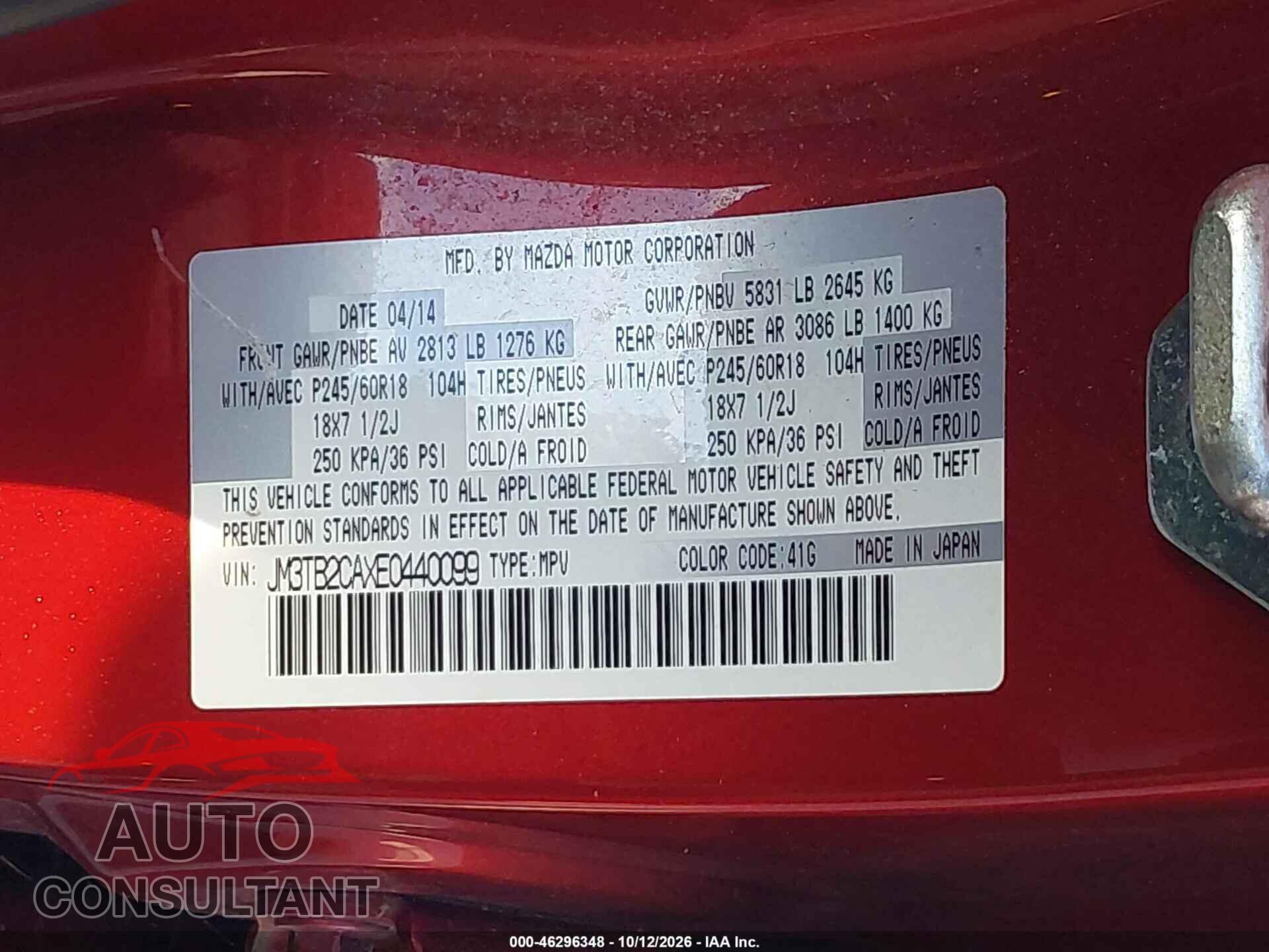 MAZDA CX-9 2014 - JM3TB2CAXE0440099