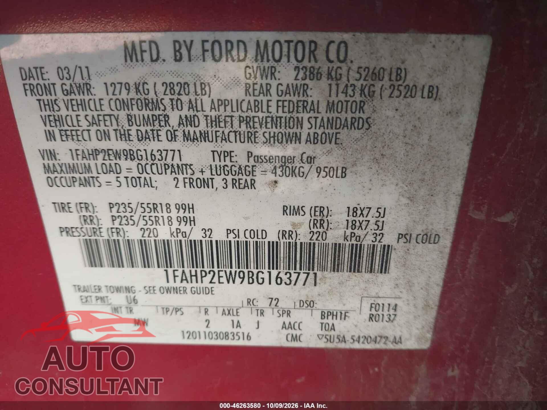 FORD TAURUS 2011 - 1FAHP2EW9BG163771