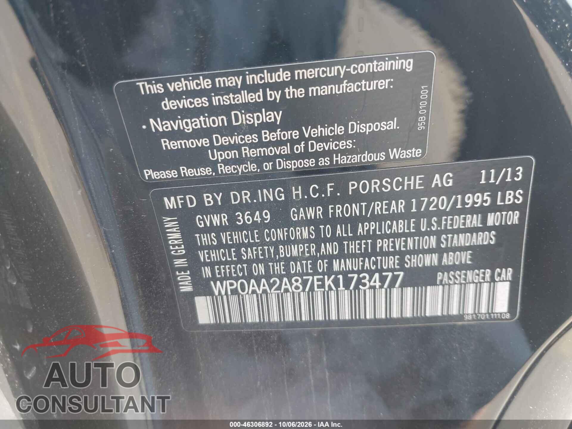 PORSCHE CAYMAN 2014 - WP0AA2A87EK173477