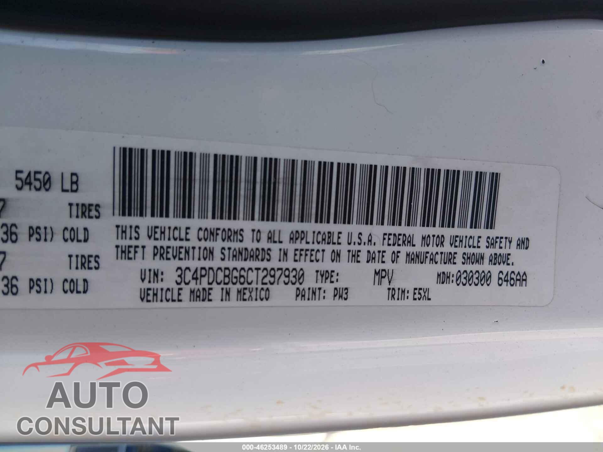 DODGE JOURNEY 2012 - 3C4PDCBG6CT297930
