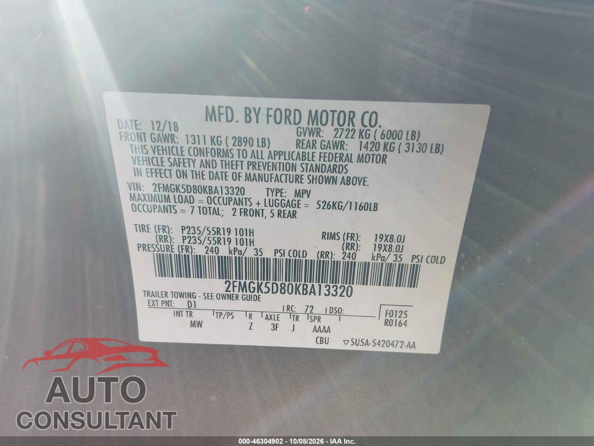 FORD FLEX 2019 - 2FMGK5D80KBA13320