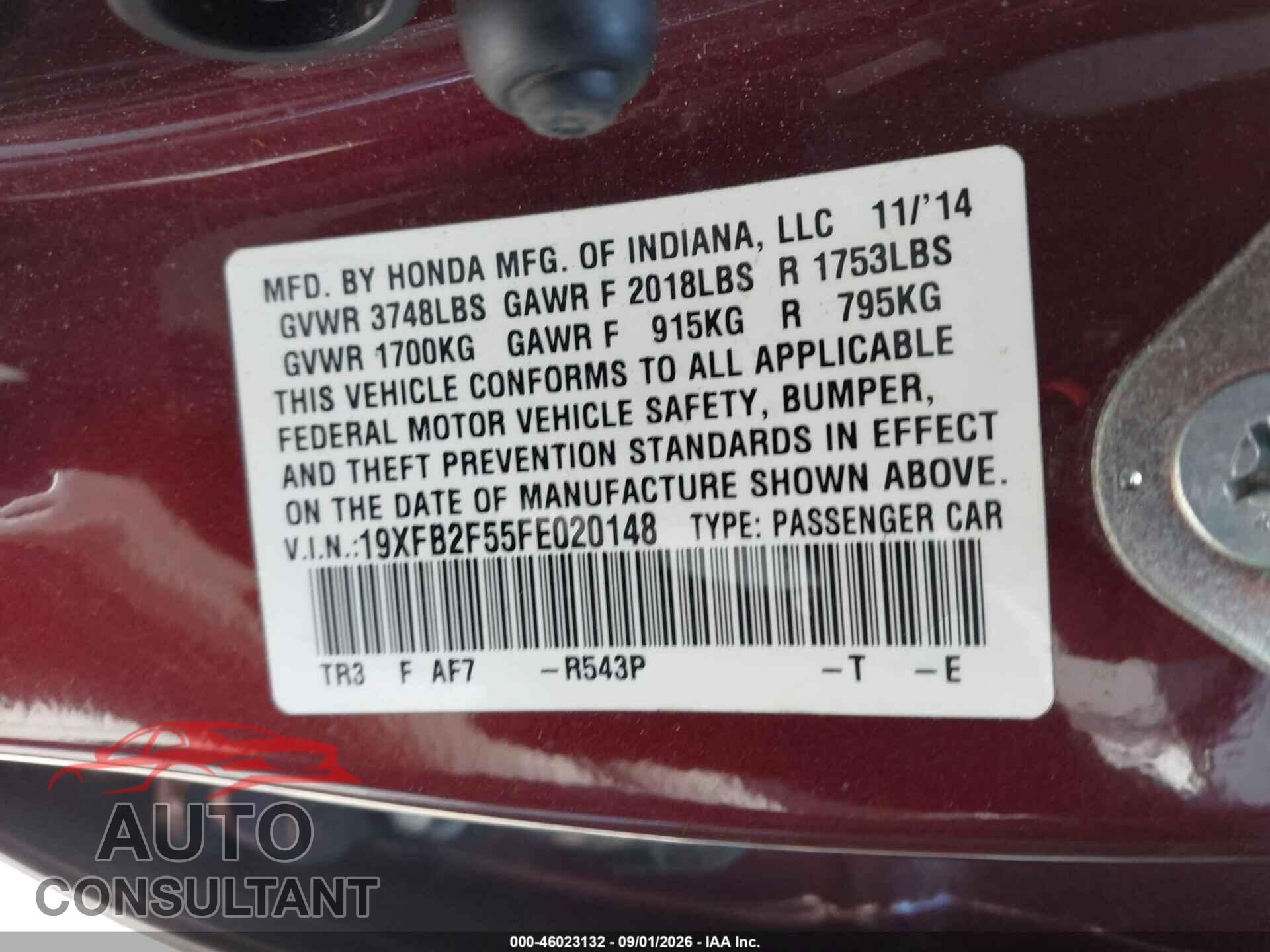 HONDA CIVIC 2015 - 19XFB2F55FE020148