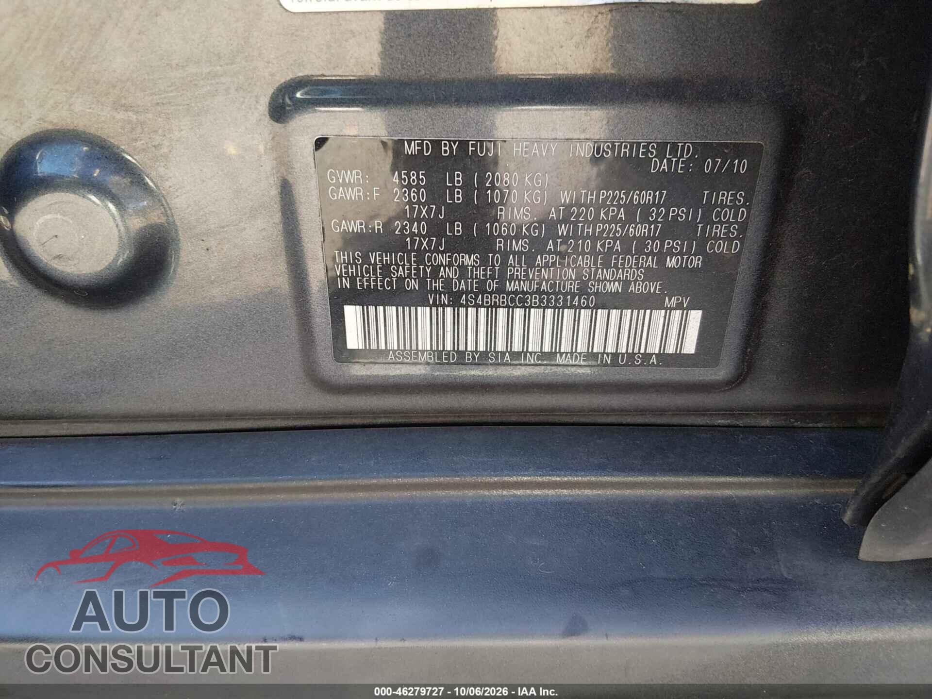 SUBARU OUTBACK 2011 - 4S4BRBCC3B3331460