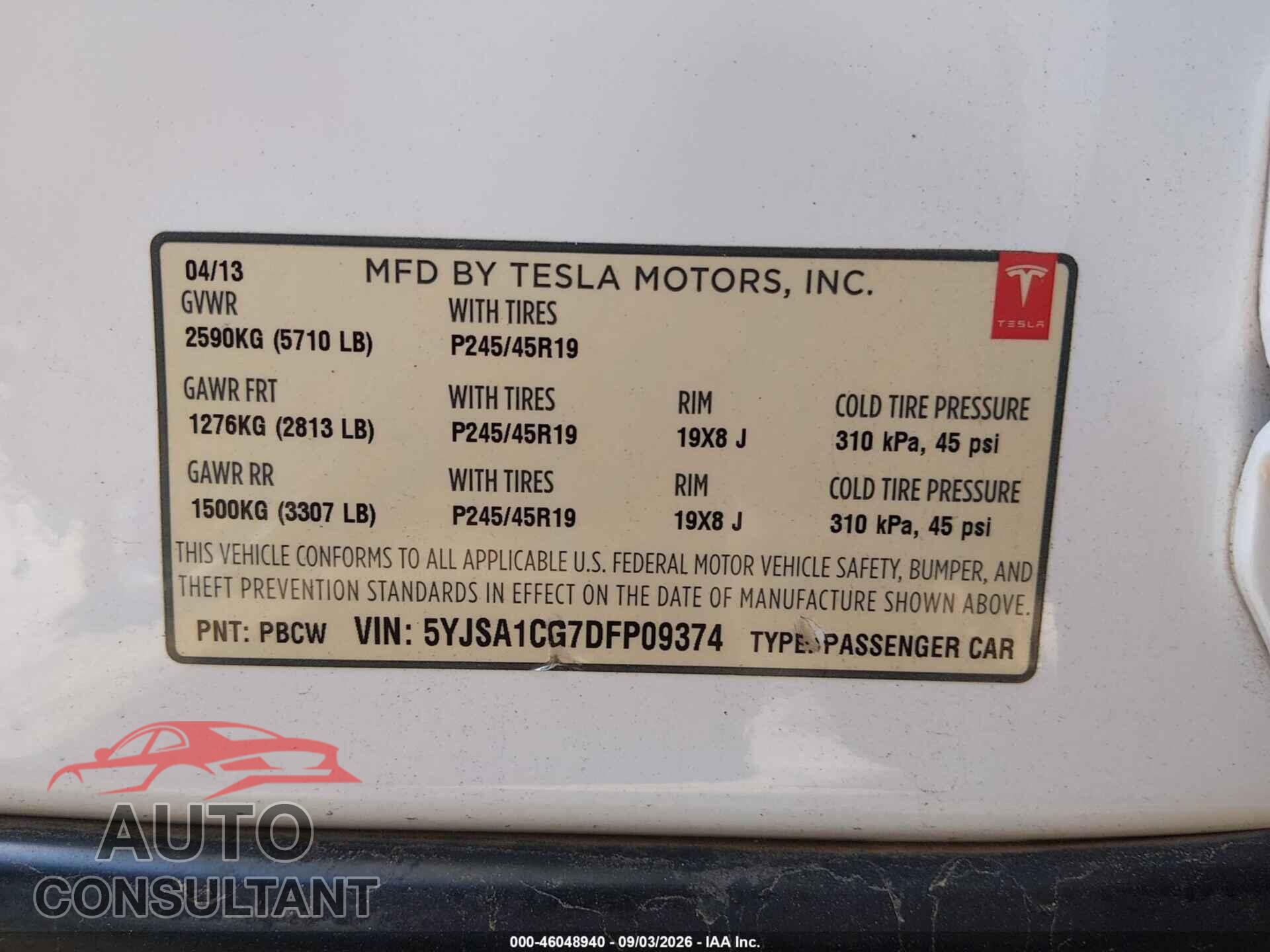 TESLA MODEL S 2013 - 5YJSA1CG7DFP09374