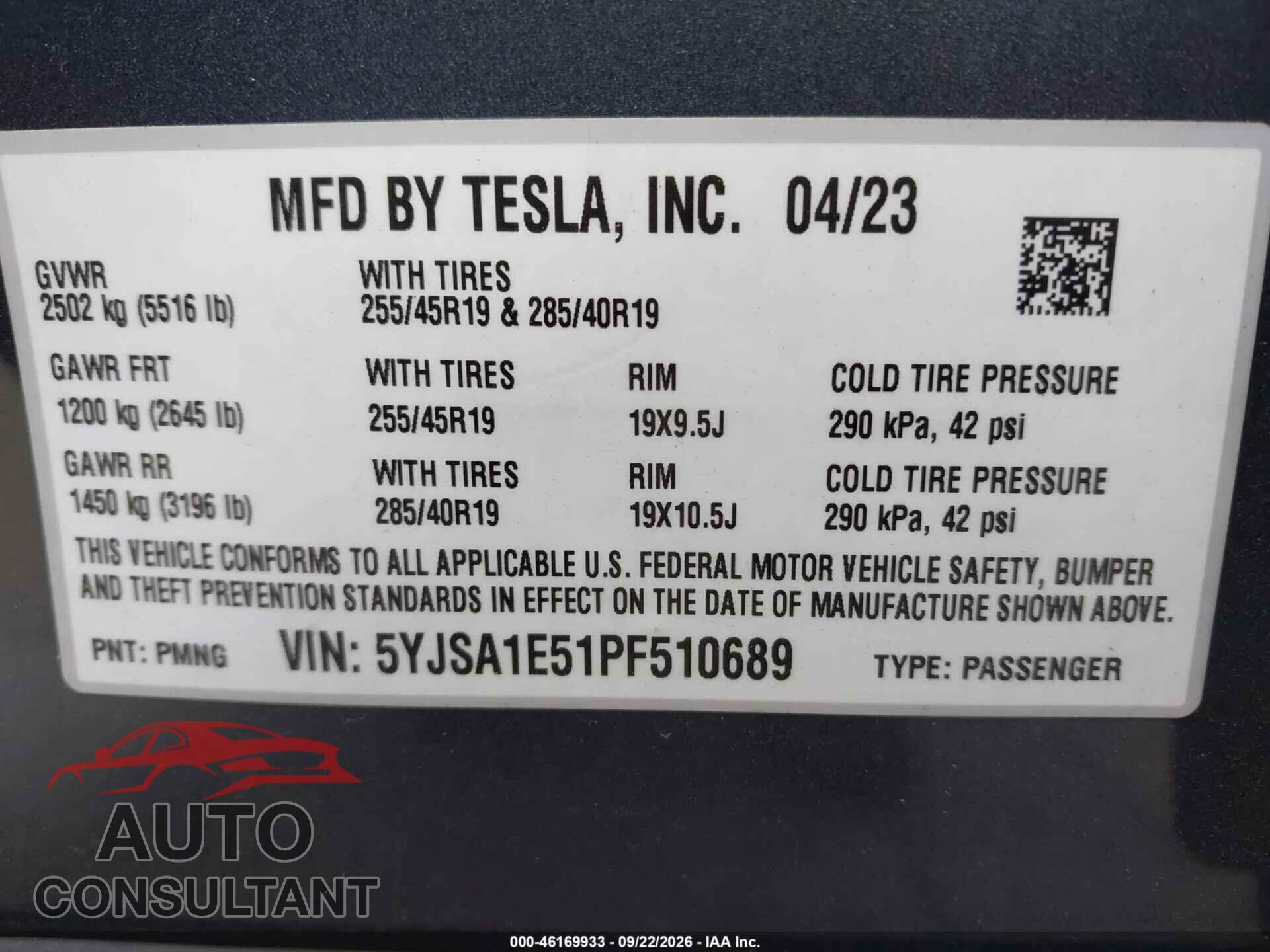 TESLA MODEL S 2023 - 5YJSA1E51PF510689