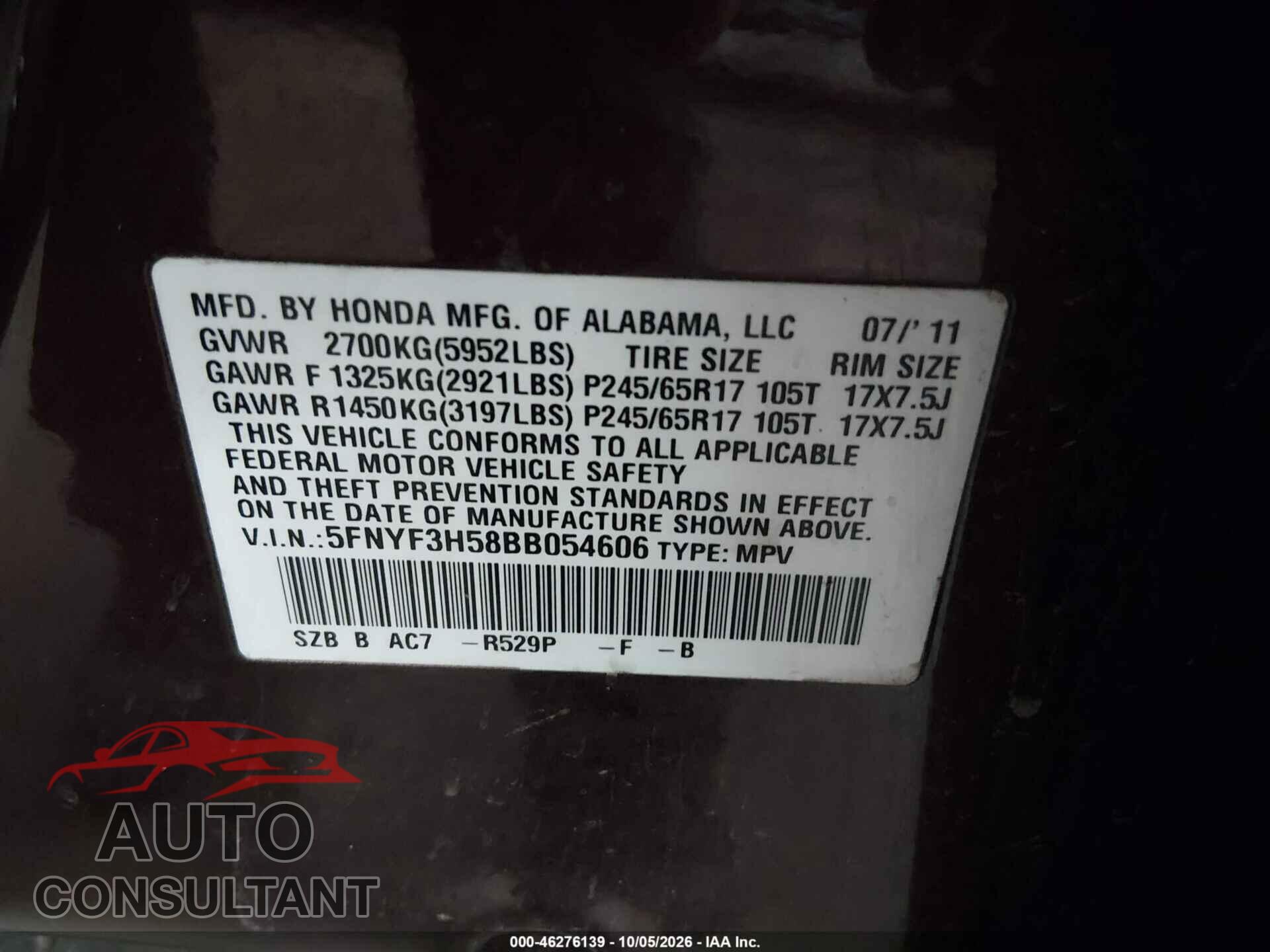 HONDA PILOT 2011 - 5FNYF3H58BB054606